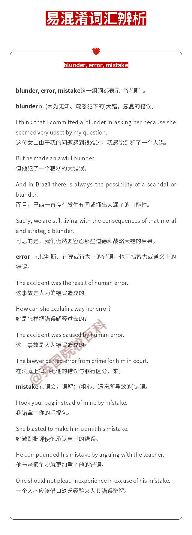 【易混淆词汇辨析】1. “普通”：average、common、general、universal、usual 的用法区别；2. “错误”：blunder、error、mistake 的用法区别；3. “联合”：associate、ally、combine、unite 的用法区别；4. “区域”：area、district、region、zone 的用法区别；5. “活”：alive、live、living、lively 的用法区别；6. “要点、摘要”：abstract、digest、outline、summary 的用法区别；......