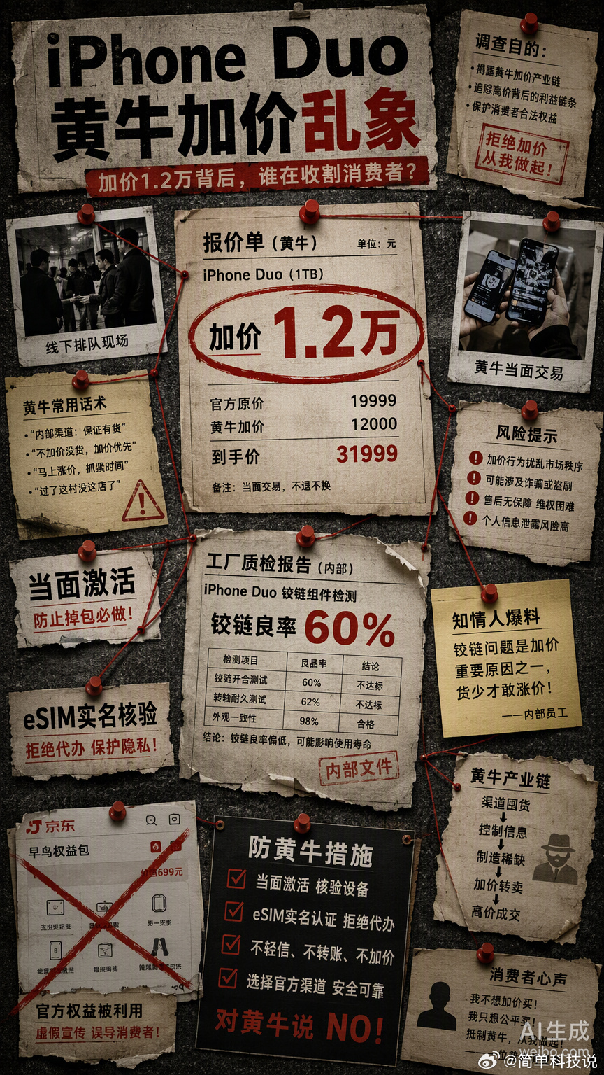 苹果首款折叠屏iPhone Duo预购开启，黄牛直接加价1.2万。这波溢价不是靠运气，是靠那60%的铰链良率撑起来的。

产能瓶颈摆在那，超精密铰链组装一天就那点产量，百万级预约人数盯着少量现货，不炒起来才怪。黄牛分三档报价，从代抢定金不退到首发当日现货天价，把稀缺性变现玩到了极致。京东之前那个79 ​