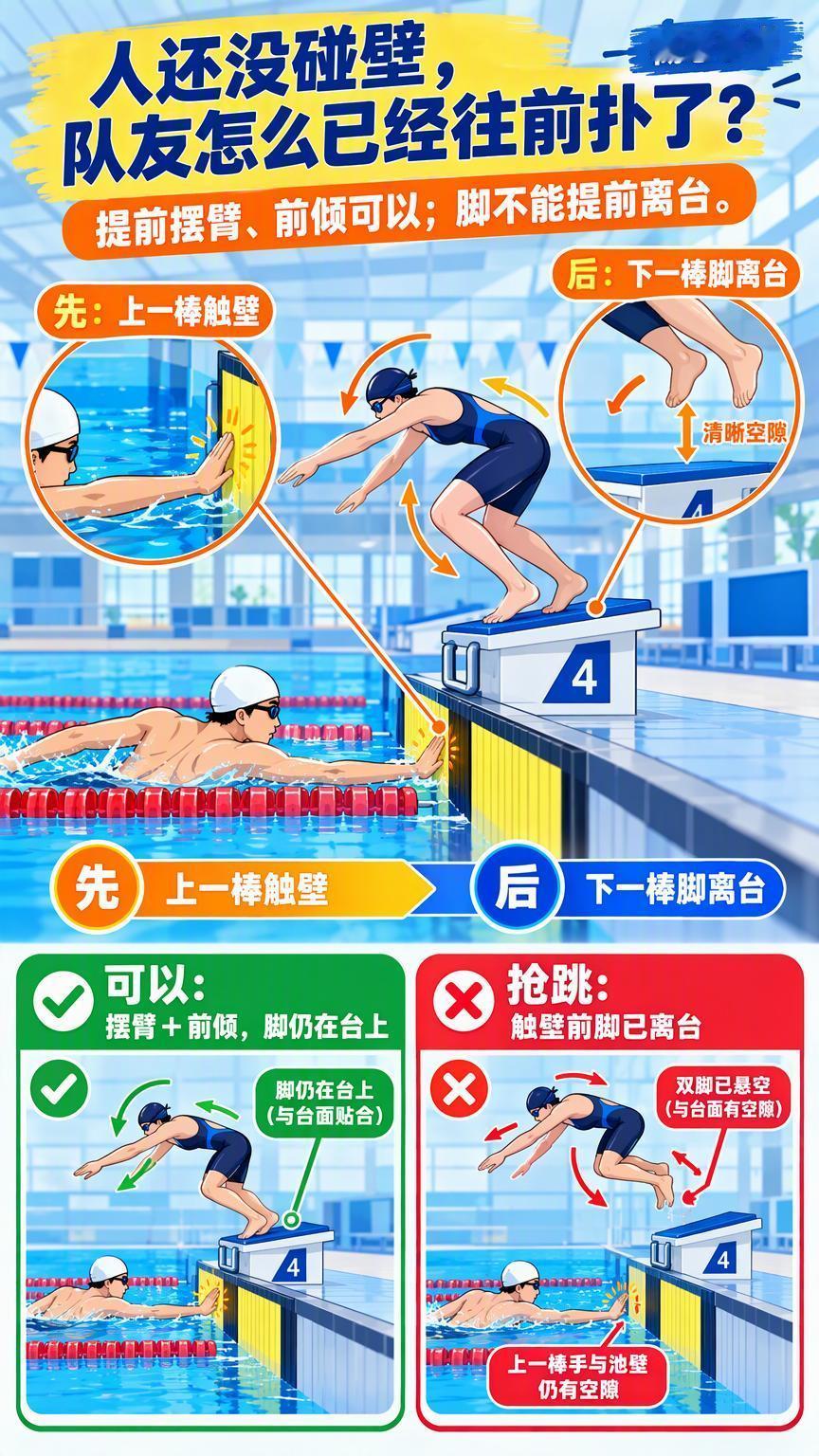 人还没碰壁，队友怎么已经往前扑了？

#游泳接力为什么能提前做动作#
回看这届亚运会的游泳接力，有个画面特别容易让人误会：上一棒还在冲向池壁，下一棒已经摆臂、弯腰、身体往前送了。第一反应往往是——这还不算抢跳？

关键在于，接力交接看的不是“下一棒什么时候开始动”，而是两个更具体的节点 ​