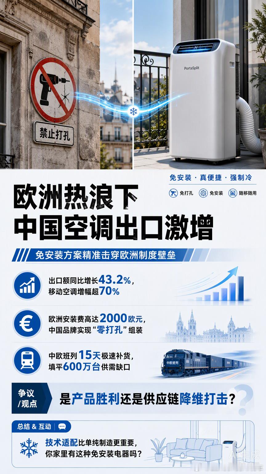 欧洲热浪把空调卖爆了，但中国厂商赢的不是“制冷”，而是对底层规则的拆解。

欧洲老房子不让打孔，安装费比机器还贵，这就像给AI算力修了条光纤却卡在最后一公里的协议转换上。美的的PortaSplit和TCL的免安装方案，本质上是在物理层面做了“解耦”：把压缩机外挂，制冷剂控制在2公斤以下规避年检，静 ​