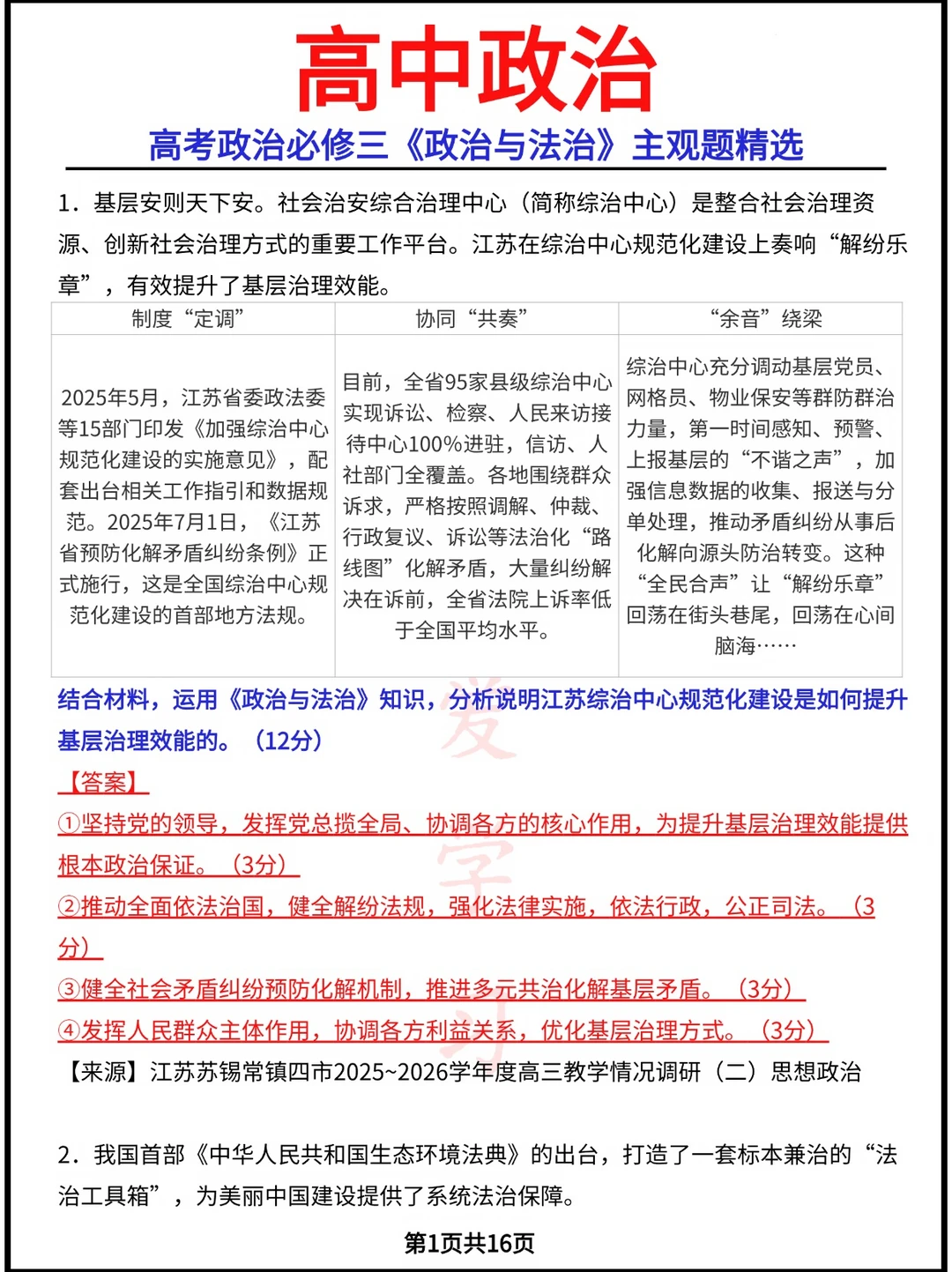 高考政治必修三《政治与法治》主观题精选