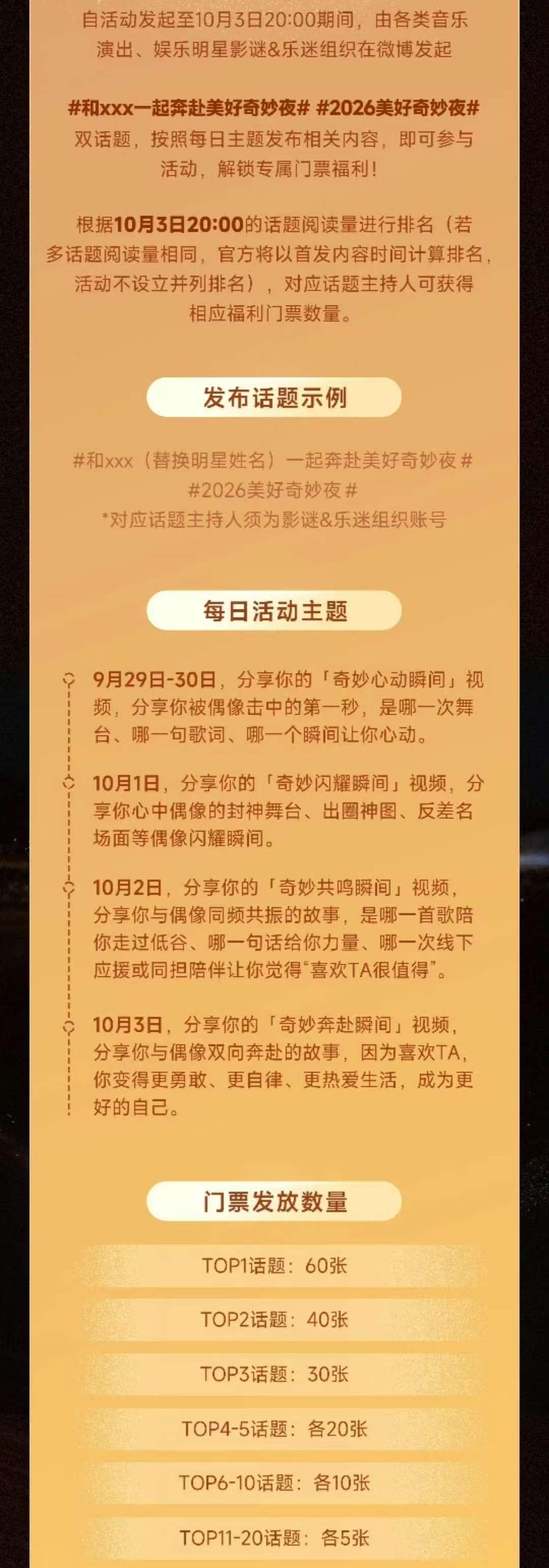 #周深[超话]#  
10.02
🎶奇妙夜拿🎫活动截止到10月3日 20：00 ‼️
最后一天多的时间，多多带#和周深一起奔赴美好奇妙夜#话题发博，增加阅读量！
再努努力拿更多的🎫送米子们去现场！！

活动规则：发起方将按照话题阅读量的排名结果分配粉丝🎫

具体见图，切耗来发！
​