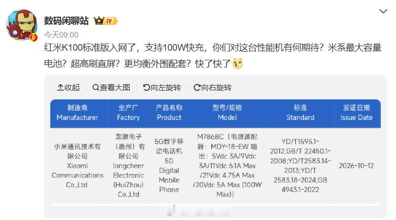 #红米K100标准版入网# 水管又爆了？K100标准版预估3500档位，处理器第五代骁龙8至尊版、游戏独显芯片、米系最大电池、bose双扬、大屏幕，配置量大管饱[哆啦A梦吃惊] ​​​​