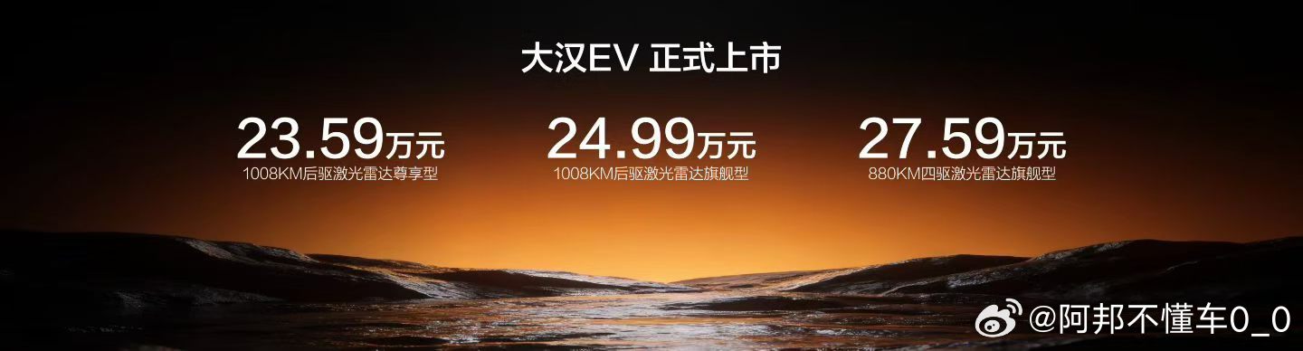 比亚迪大汉上市了，23.59万起！
起步就是1008公里续航，
比亚迪王朝D级旗舰轿车，
这价格还不错的[二哈]
#比亚迪大汉##比亚迪大汉23.59万起上市# ​