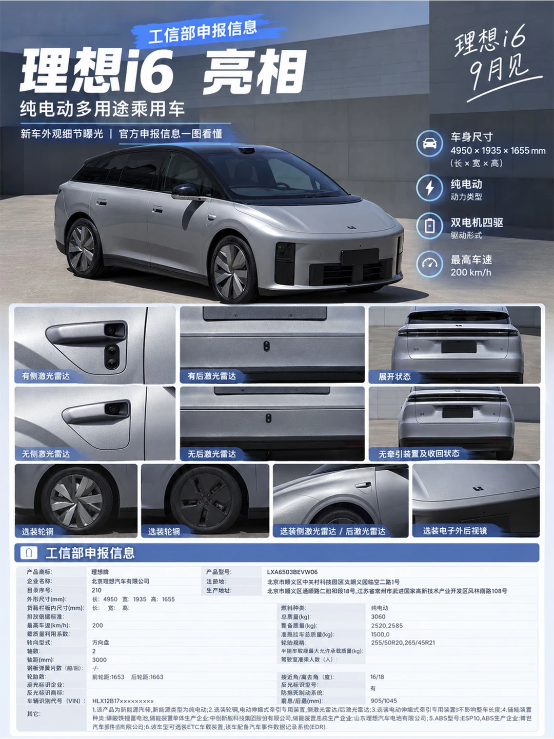 理想i6工信部信息，9月底发布会，11月交付