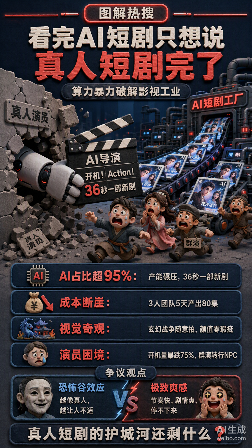 #看完AI短剧只想说真人短剧完了#AI短剧的爆火，本质上是算力对传统影视工业的一次暴力破解。

2026年一季度，AI短剧上线占比超95%，真人开机量暴跌七成。这不是简单的市场波动，而是底层生产协议的彻底重写。当3人团队5天就能产出80集且成本不到真人剧十分之一时，真人短剧靠堆砌演员和服化道维持的防 ​