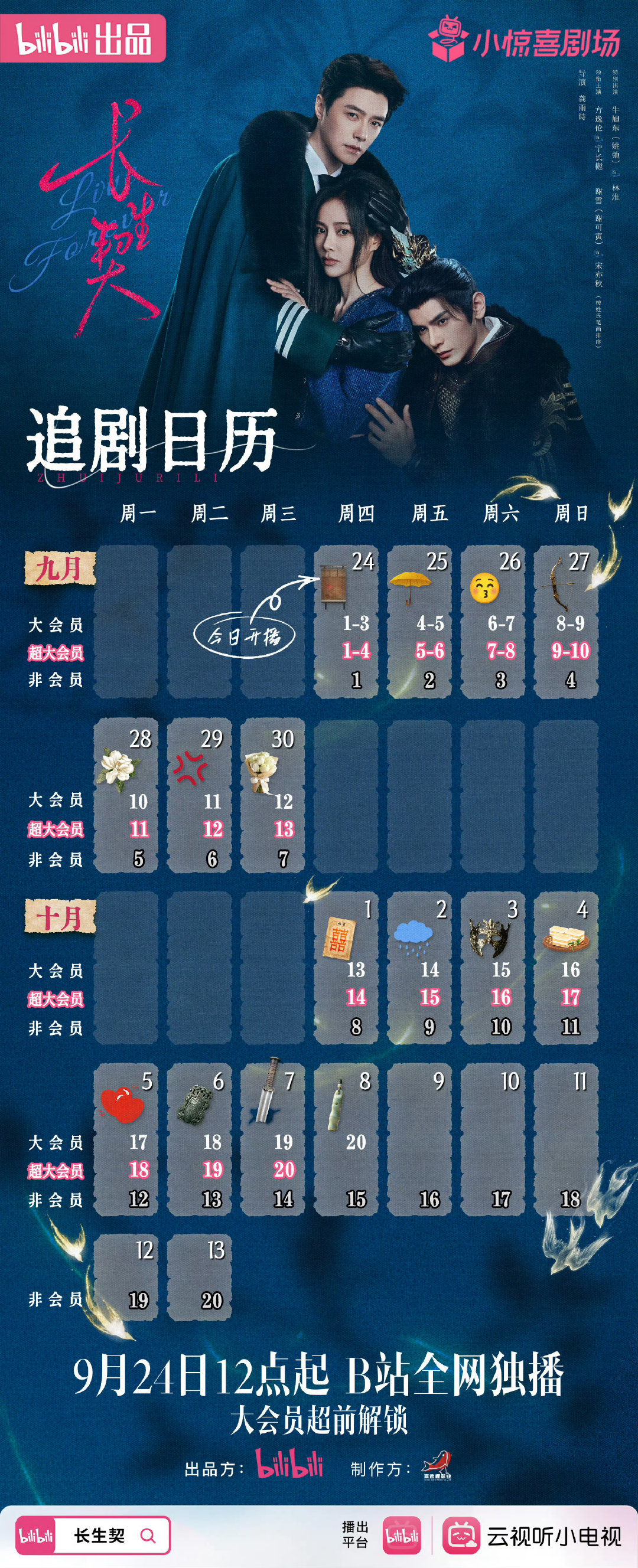 【定档：#电视剧#】#网剧长生契[超话]#

▲奇幻爱情剧《长生契》，方逸伦/谢可寅/姚弛，9.24
播出平台：哔哩哔哩
出品制作：哔哩哔哩/喜欢鲤影视 ​