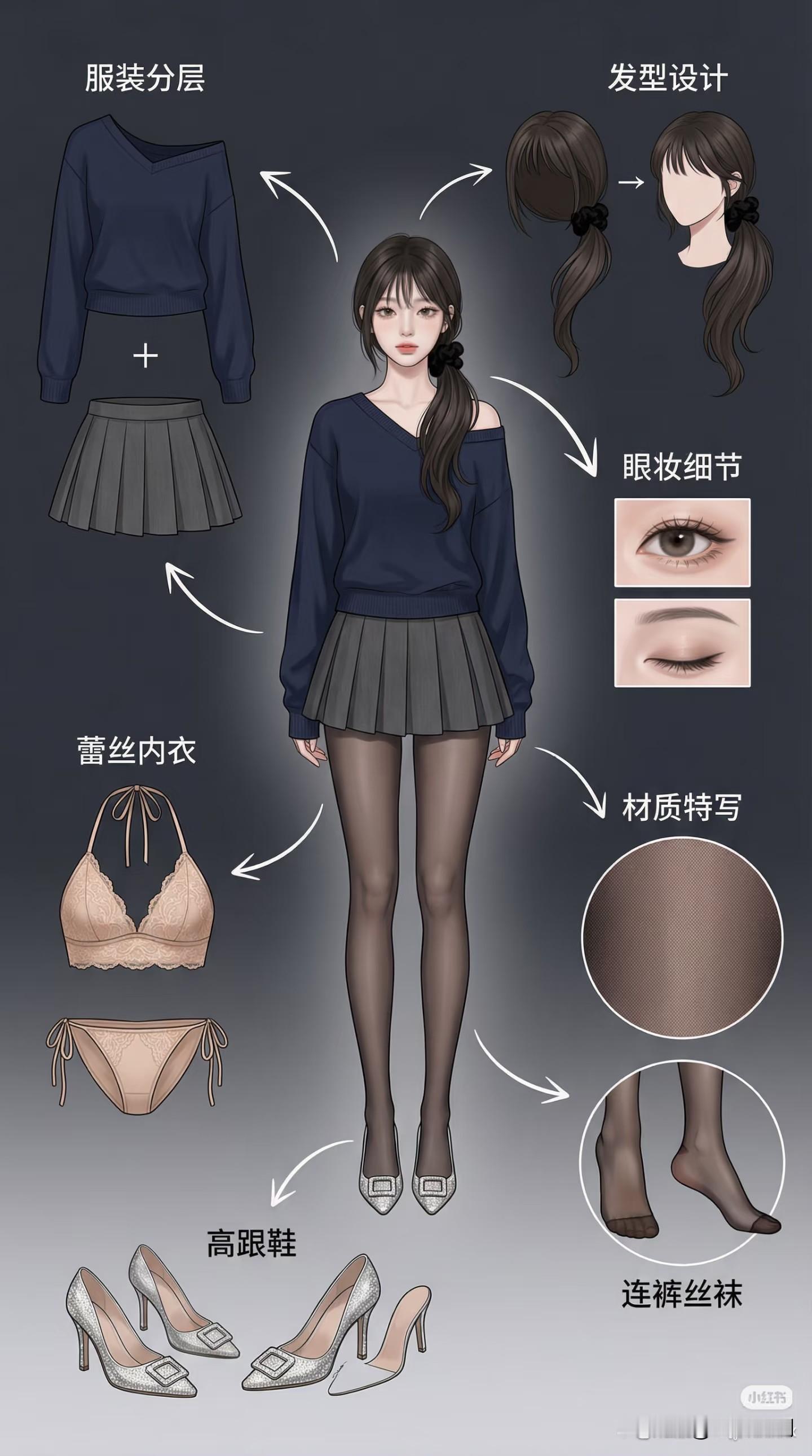 韩系穿搭+黑丝 斜露肩藏青色毛衣 +灰色系百褶裙 +黑丝连裤袜 +高跟...