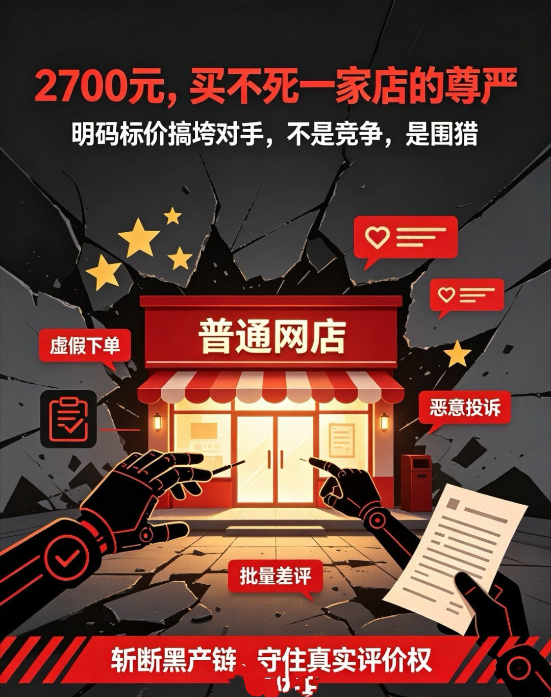 最近2700元搞死一家店铺话题冲上热搜，不少网友看完唏嘘不已。有人仅仅花费2700元，利用平台规则恶意下单投诉，硬生生逼得一家小店关门停业，引发全网对恶意索赔的讨论。

事情的核心，是职业索赔人盯上线上小商家。这类人熟悉平台规则，专门寻找详情页文字瑕疵、标签疏漏、宣