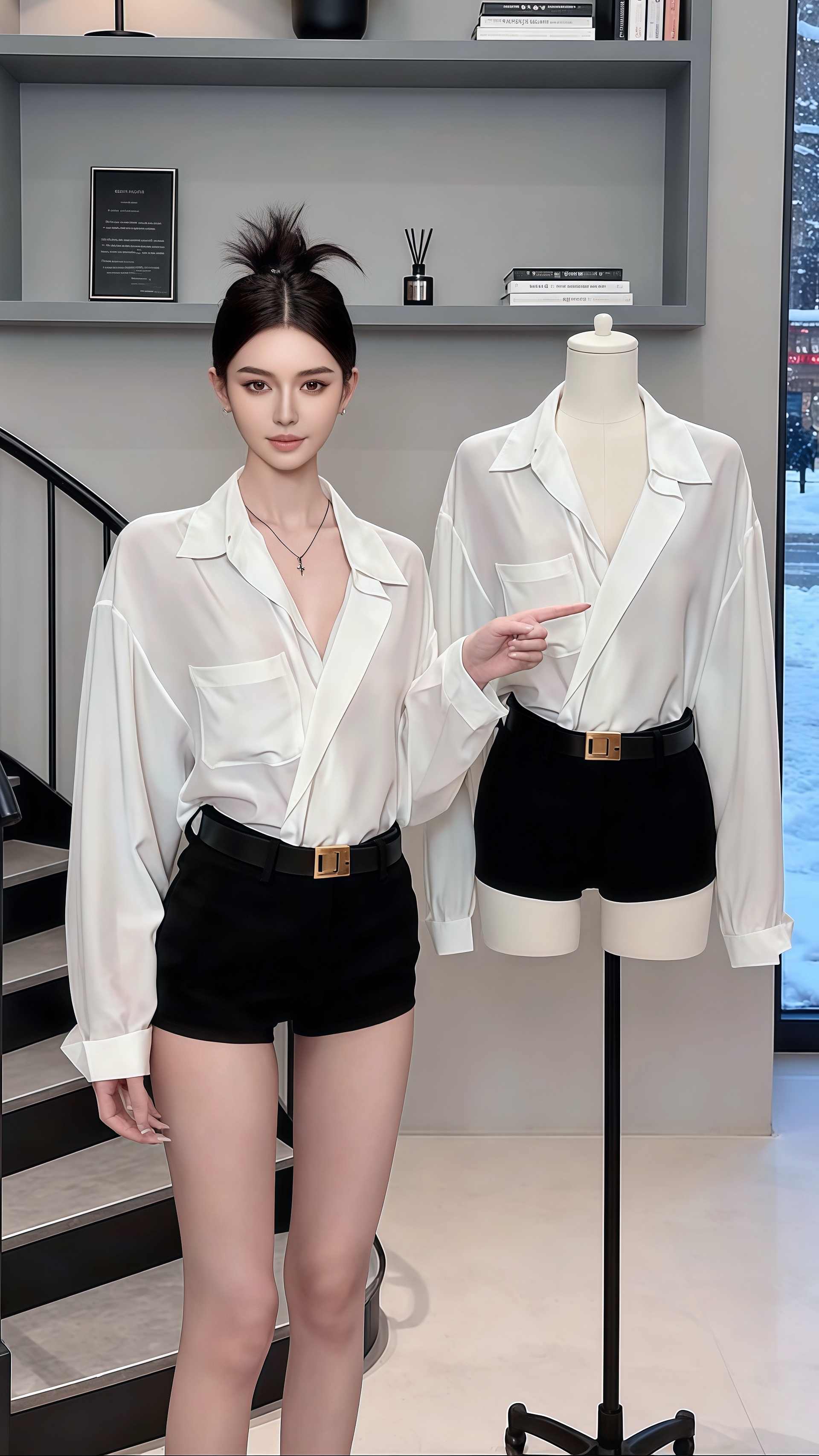 在冬日的清冷里，许妍以丝滑白衬衫的优雅碰撞短裤的率性，于简约空间中，演...