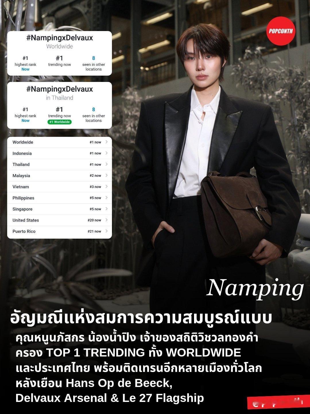 好棒🤲🏻🤲🏻

话题#NampingxDelvaux
✅全球热搜：实时第1位，8个地区上榜
✅泰国本土热搜：实时第1位（全球热度第一）上榜地区包含印尼、马来西亚、越南、菲律宾、新加坡、美国、波多黎各等。 ​