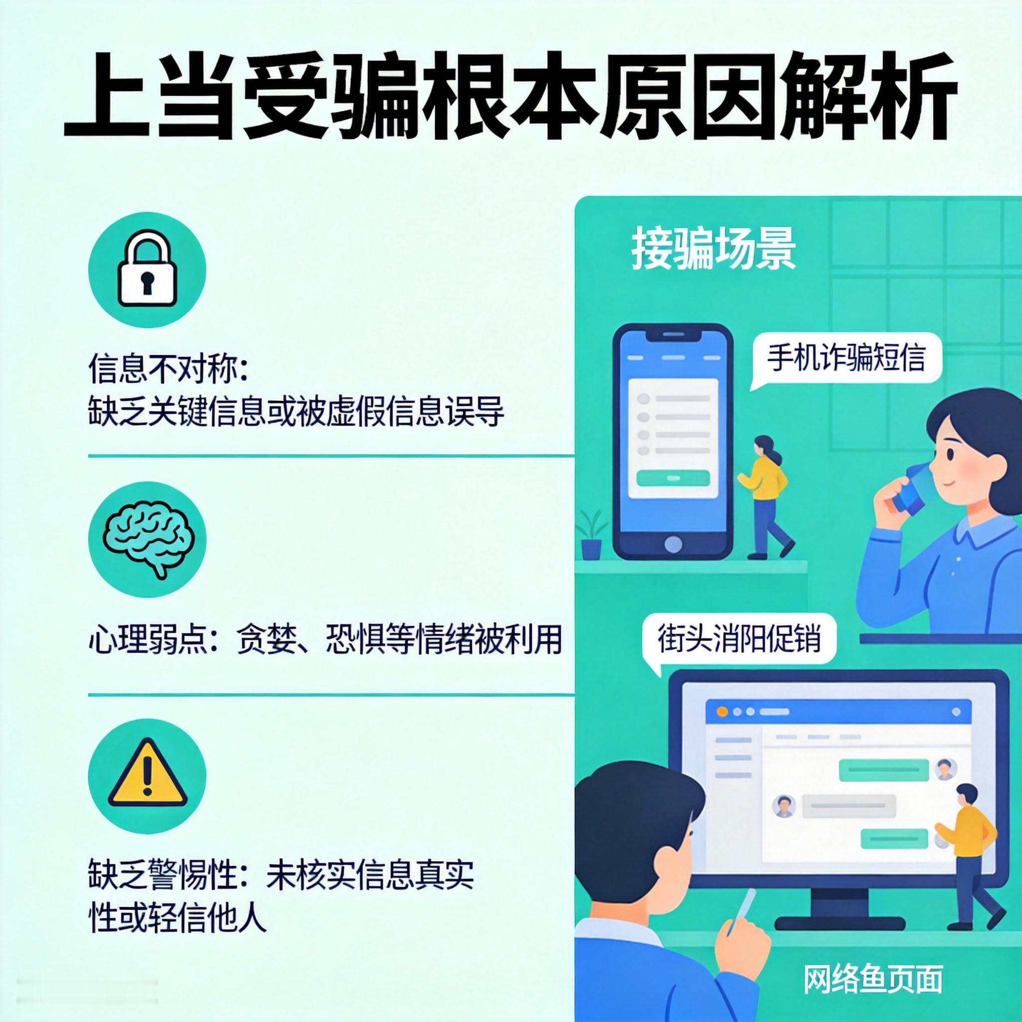 上当受骗的根本原因，从来不是“人傻钱多”，而是人性的弱点被精准拿捏，再叠加认知盲区的双重作用，让理性判断在瞬间失守。
从内在来看，贪婪、恐惧、侥幸是最常见的心理漏洞：想靠“高息稳赚”不劳而获，就容易掉进理财刷单陷阱；被“涉嫌洗钱”的话术恐吓，就会慌着配合所谓的“安全账户”操作；总觉得“倒霉事轮不到自
