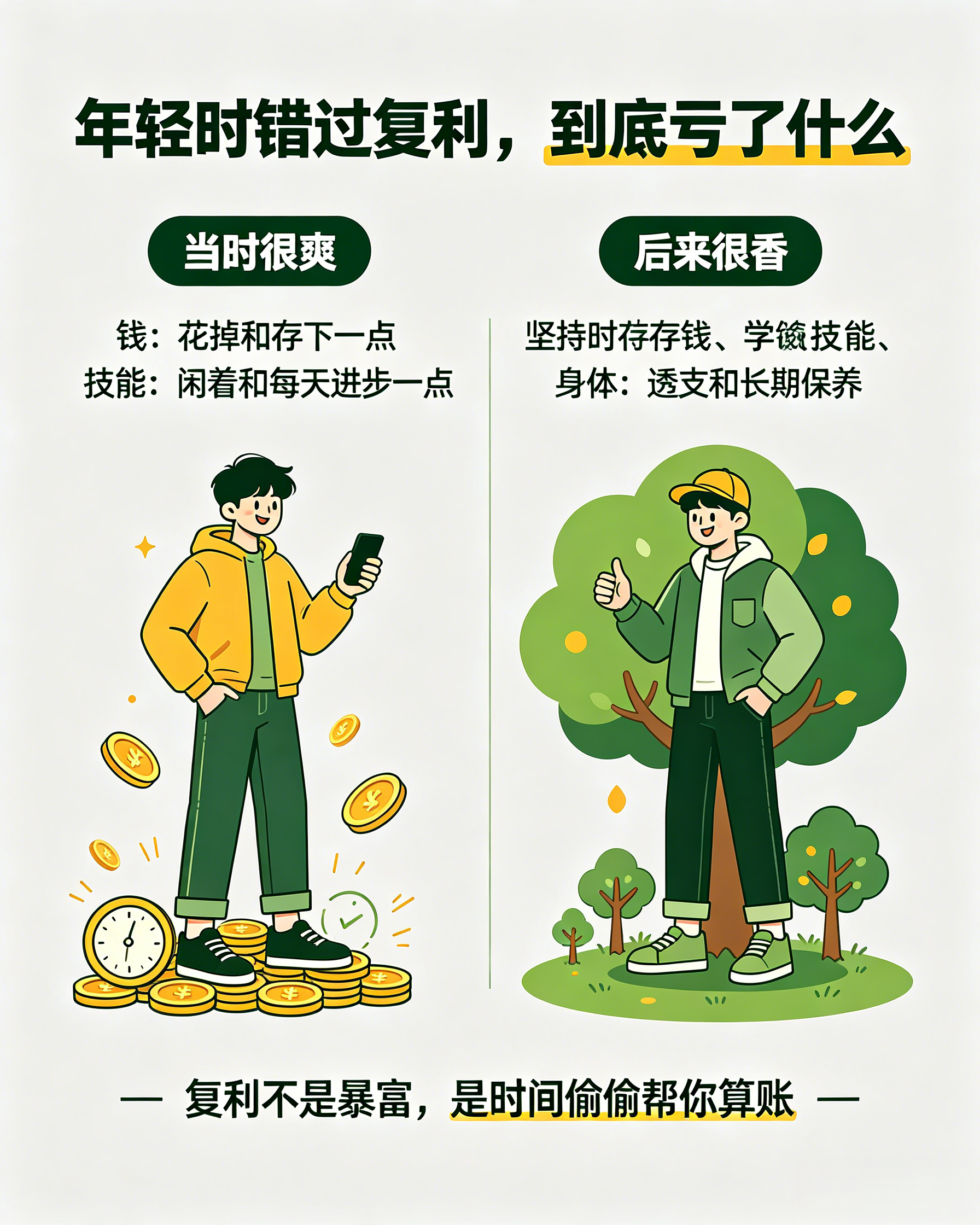 最危险的是年轻时错过复利说真的，复利这东西，年轻时哪懂啊。只觉得现在没钱、没精力、没机会，先爽了再说。结果刷手机、乱消费、该学的拖着、该存的钱花了，一年看好像没差别，三年五年再看，人跟人之间就真的拉开距离了。复利不只是钱。你每天多学一点、多存一点、多保养身体一点，时间久了，都会变成你的底气。反过来，年轻时总觉得“无所谓”，等到后面才发现，最亏的不是没赚到钱，而是把最便宜的时间给浪费了。所以别再等“有条件了再开始”。现在开始存钱，开始学习，开始管住自己，就是普通人最稳的复利。清醒认知普通人的成长年轻人存钱