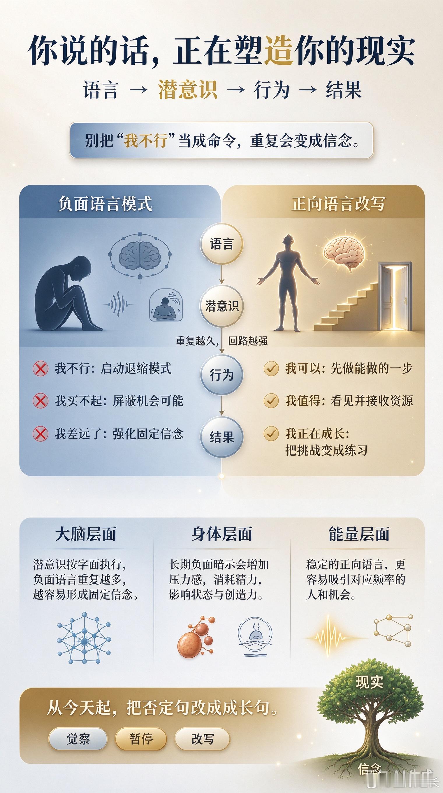 你是否说过“我不行”“我买不起”“我差远了”？别以为只是随口一说，潜意识会把它当成命令，默默帮你实现。核心逻辑：语言 → 潜意识 → 行为 → 结果一、大脑层面真正掌控行为的是潜意识，它按字面执行你的信号。你说“我不行”，它就启动“无能模式”，让你关键时刻退缩；你说“我买不起”，它就屏蔽赚钱和节省的可能。神经可塑性决定了：负面语言重复越多，对应神经回路越强，最终形成“我就是不行”的固定信念。二、身体层面负面语言会刺激压力激素（如皮质醇）分泌，长期如此导致疲惫、焦虑、免疫力下降，精力和创造力被拖累，潜能无法发挥。三、能量层面语言是振动频率。持续说“我不行”，就是发出低频信号，机遇、资源、人脉因频率不匹配而远离。反之，“我可以”“我值得拥有”发出高频信号，吸引丰盛与正面事件。这不是迷信，而是语言、意识与物质世界相互影响的真实法则。