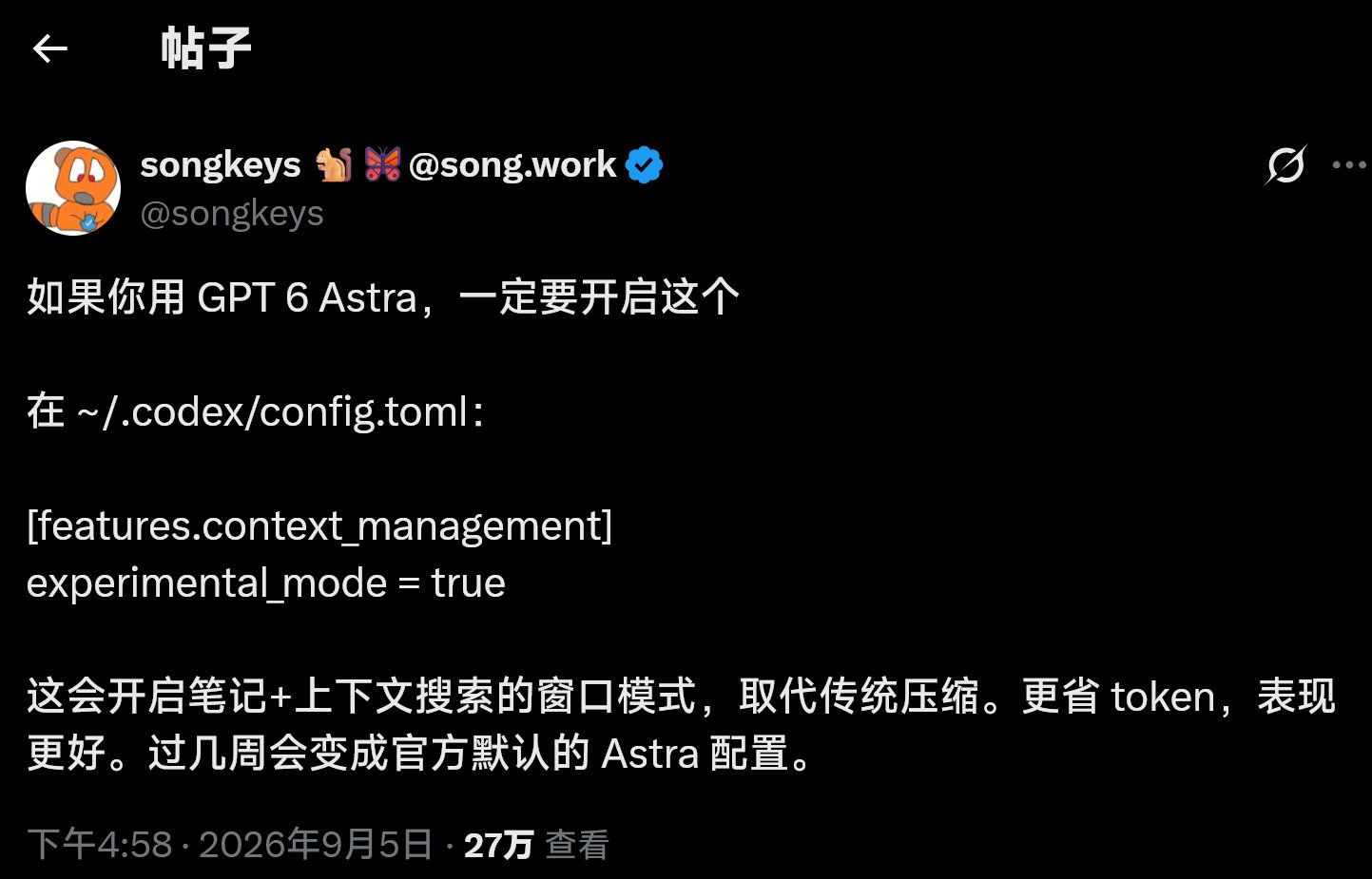Codex 里一项实验性的上下文管理方式，也不只适用于Astra，其他模型也能用。
在 ~/.codex/config.toml：
[features.context_management]
experimental_mode = true ​