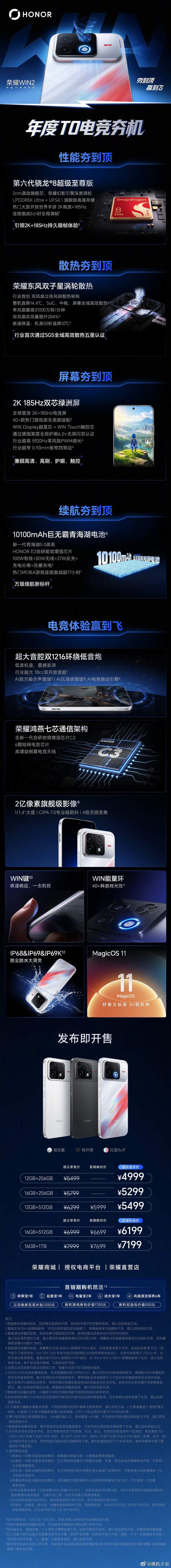 荣耀WIN2系列正式发布，今年电竞机太卷了，第六代骁龙8超级至尊版，双风扇散热，幻影引擎，最高12070mAh巨无霸大电池。荣耀 WIN2国补后 4999起，荣耀 WIN RT2国补后 3149起，荣耀 WIN Turbo2国补后 2251起，怎么样？[并不简单] ​