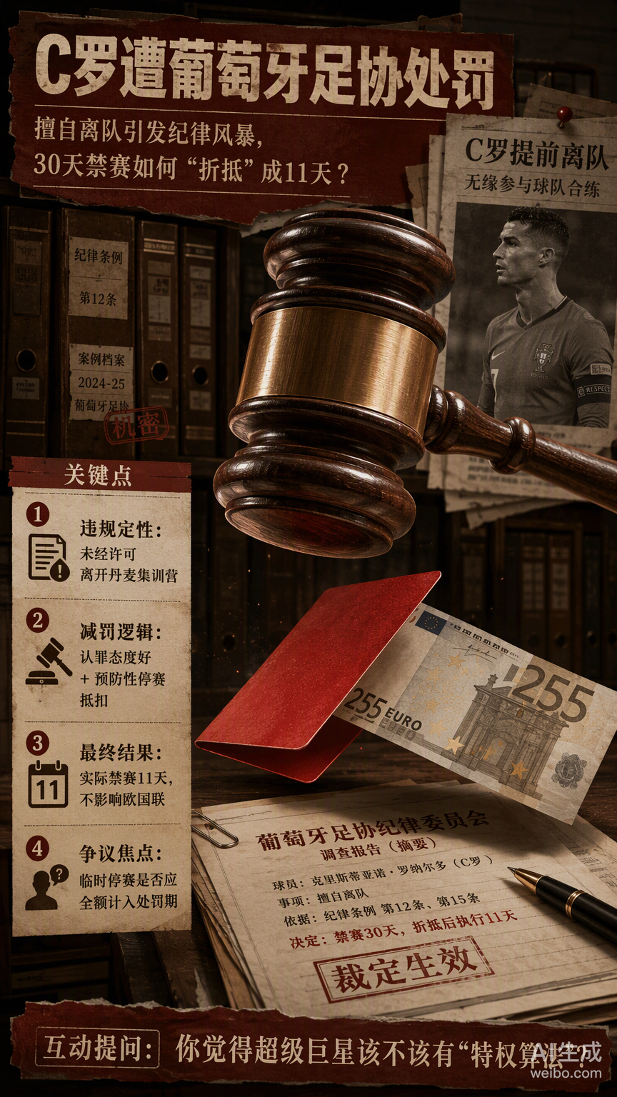 #C罗遭葡萄牙足协处罚#葡萄牙足协开出的罚单非常有意思：名义上禁赛30天、罚款255欧元，但通过认罪减半和此前预防性停赛的19天抵扣，实际执行期只剩11天。这意味着这场风波完全没有影响他参加11月的欧国联比赛。这种“高高举起、轻轻放下”的处理方式，更像是在维护纪律底线的同时，为超级个体的商业价 ​