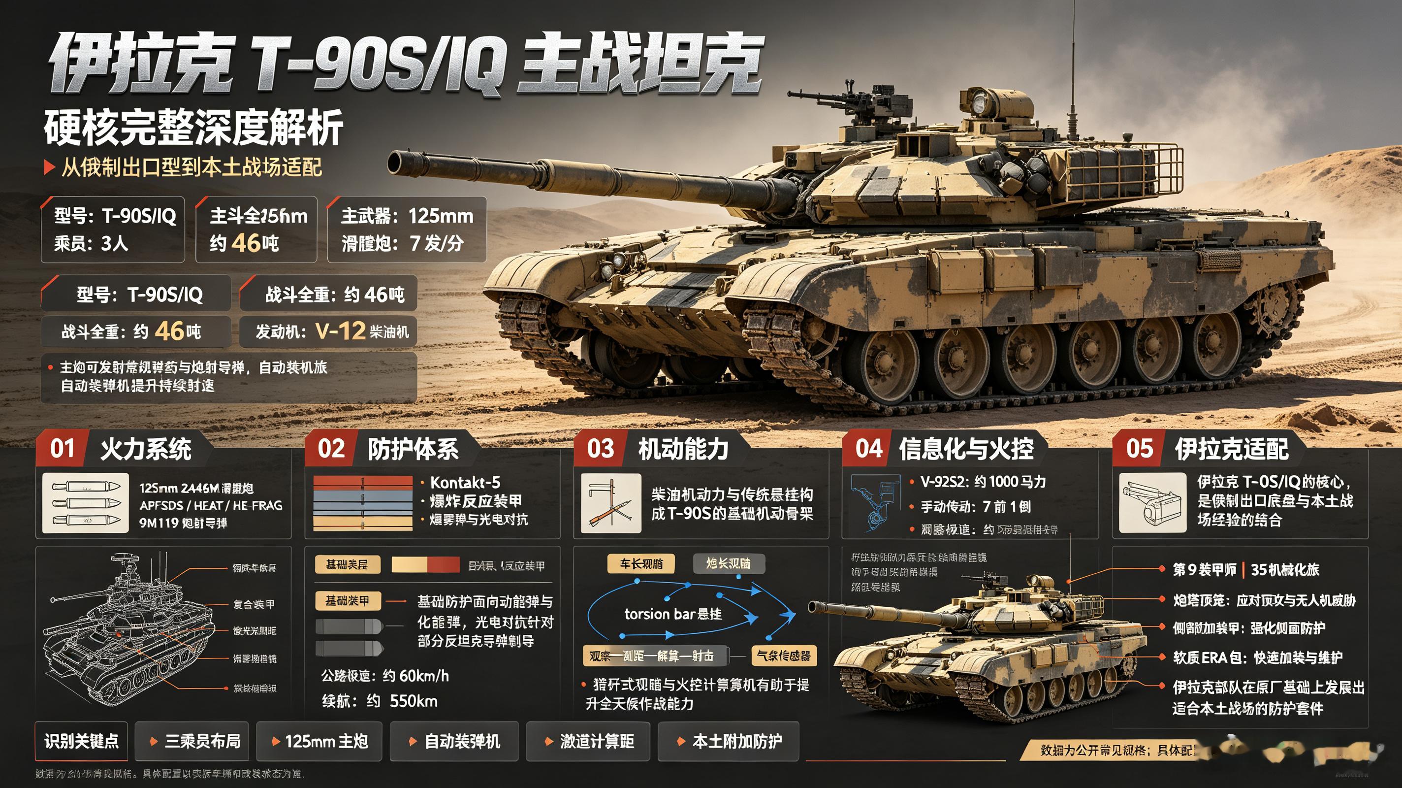 #军事ai新视野# 伊拉克 T-90S 主战坦克#ai热力追踪# 
 
T-90S为俄罗斯外贸出口版T-90，伊拉克采购批次包含T-90S战斗型+T-90SK指挥型，2017签约、2018起交付，总计73辆，装备伊拉克陆军第9装甲师35旅，用来替换该旅原有的M1A1M。伊拉克这批T-90S取消原版窗帘-1光电干扰机，增加接触-5爆炸反应装甲，专门 ​