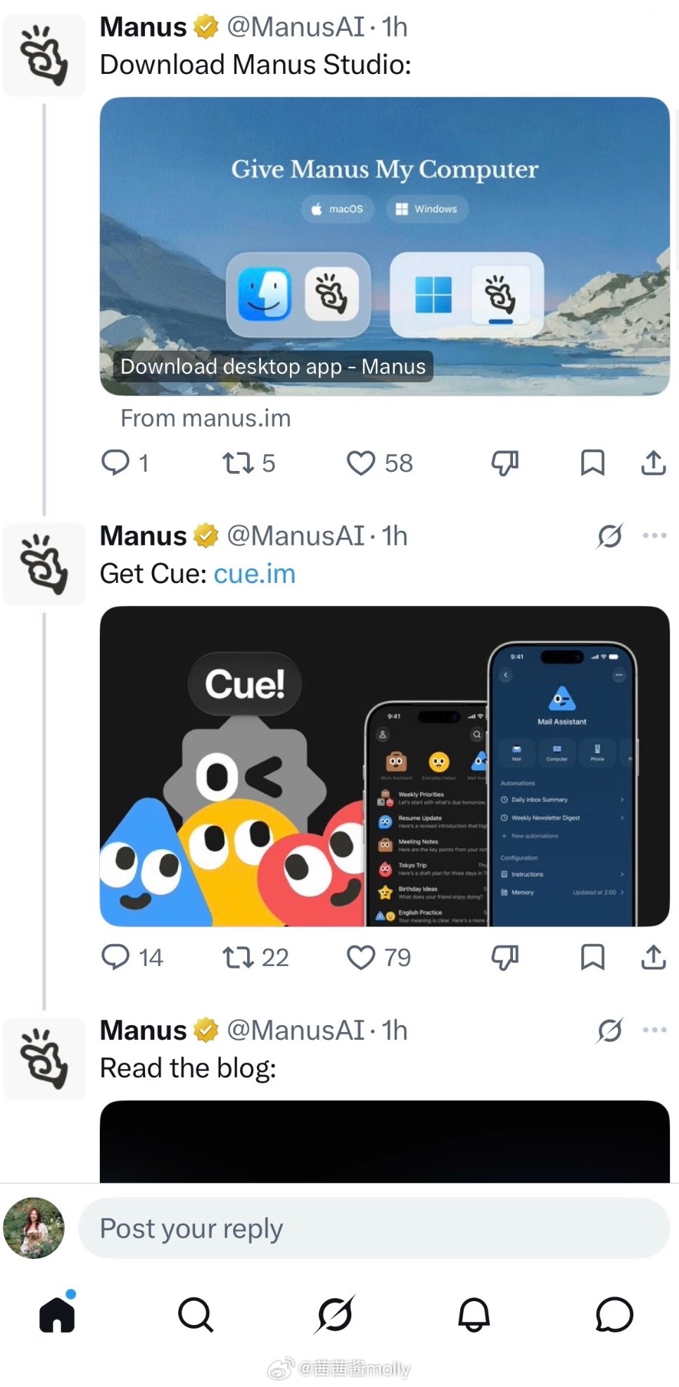 #Manus2.0发布#Manus 2.0正式在海外发布，配套推出生活向智能助理Cue，最近科技圈讨论度很高。

客观来说，它最大亮点并不是模型跑分，而是产品思路，尝试让AI智能体拥有独立身份，打通电话、邮箱、支付，主动介入我们日常生活，多个Agent组队协作执行整套任务。

当然也要分清，产品目前仅限海外上线 ​