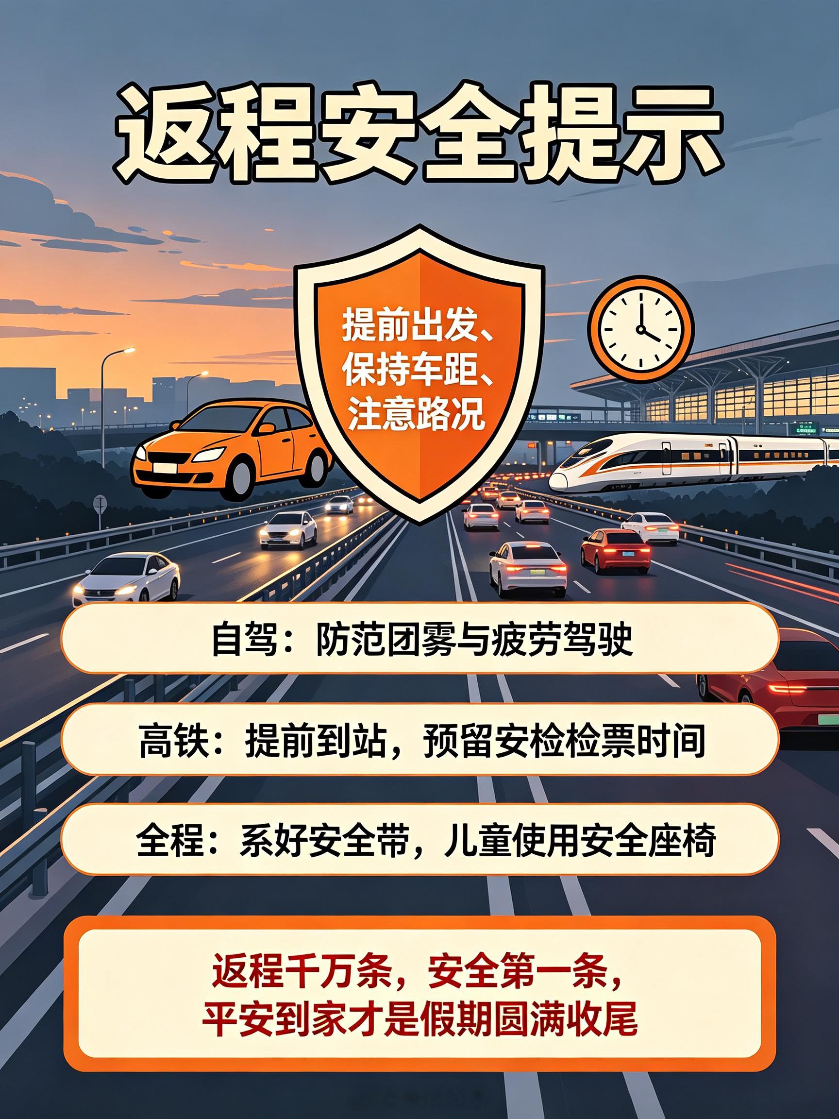 国庆假期进入尾声，6日和7日下午将迎来返程最高峰，应急管理部等部门密集发布安全提示，自驾需重点防范团雾与疲劳驾驶。  一、自驾准备与驾驶规范- 车辆检查：出发前检查轮胎胎压、刹车系统、灯光及机油、冷却