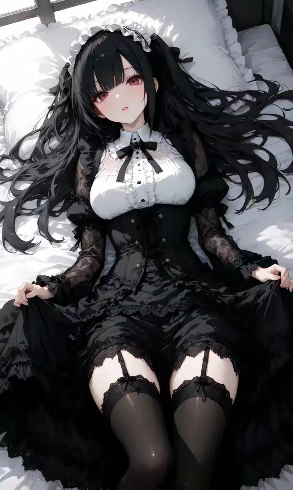哥特风少女，黑丝蕾丝裙，躺在床上，诱惑迷人