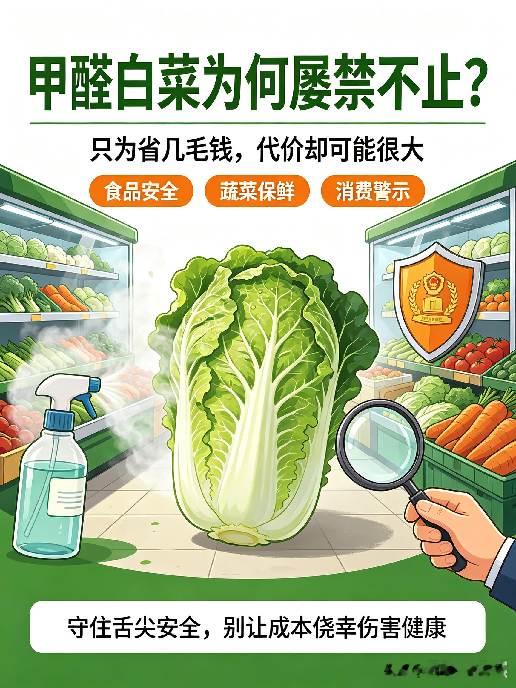 只为省几毛钱，甲醛白菜为何屡禁不止？

白菜是家家户户餐桌上的寻常蔬菜，可甲醛白菜的新闻反复出现。明明甲醛属于致癌物，国家明令禁止用于蔬菜保鲜，为何个别商贩甘愿铤而走险，只为省下微薄的成本？

“民以食为天，食以安为先。”舌尖安全是老百姓最朴素的期盼 。“食字下面是良字，人无良心不为食。”食品行业本