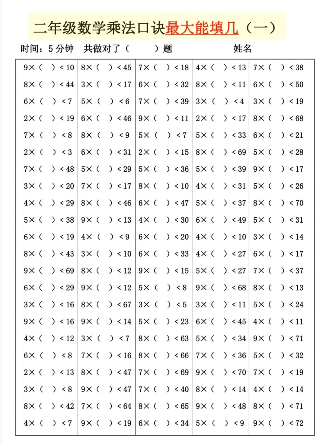 二年级数学上册乘法等式 最大能填几