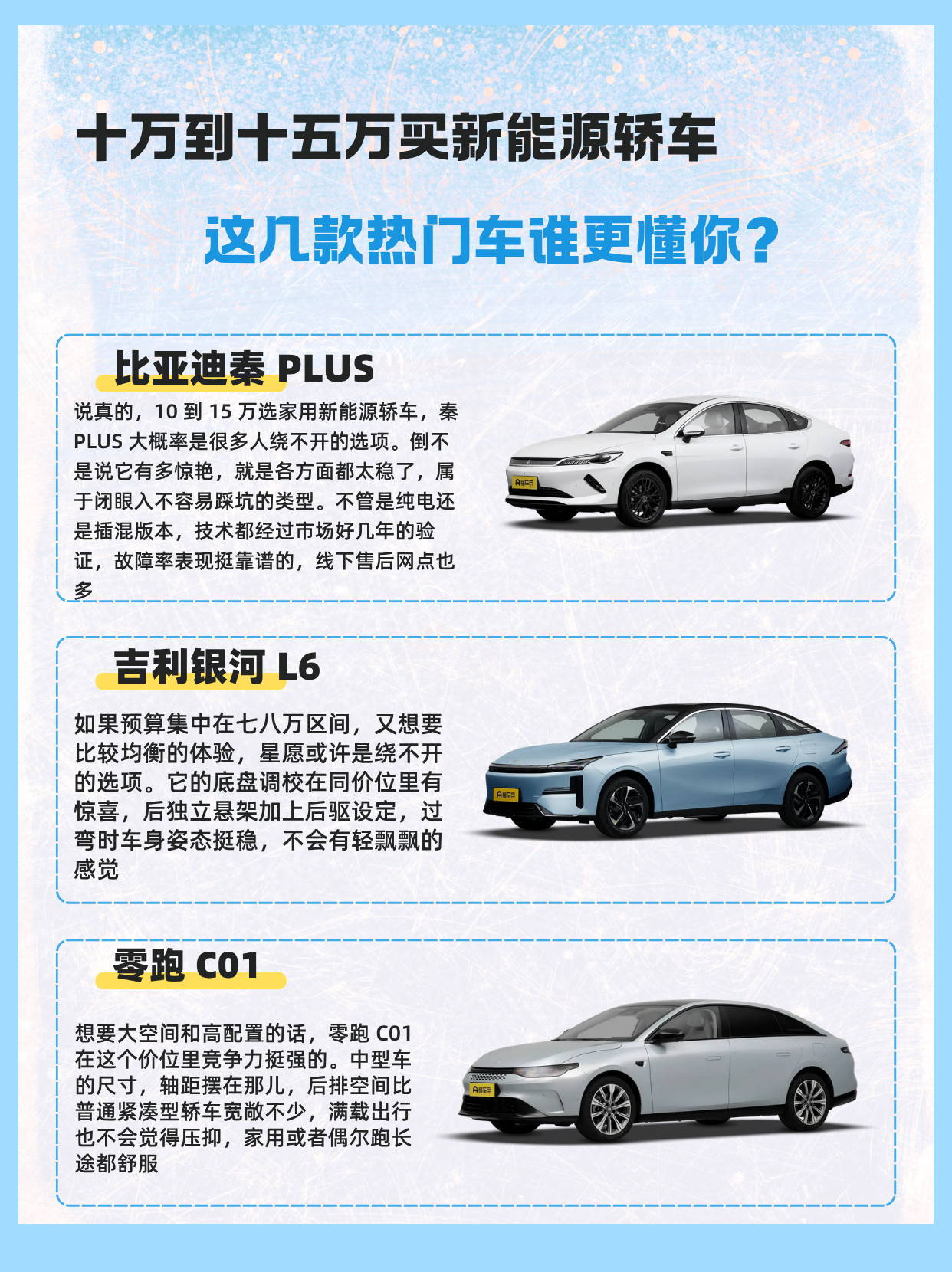 车型：比亚迪秦 PLUS
指导价：9.98-17.68 万元
正文：说真的，10 到 15 万选家用新能源轿车，秦 PLUS 大概率是很多人绕不开的选项。倒不是说它有多惊艳，就是各方面都太稳了，属于闭眼入不容易踩坑的类型。不管是纯电还是插混版本，技术都经过市场好几年的验证，故障率表现挺靠谱的，线下售