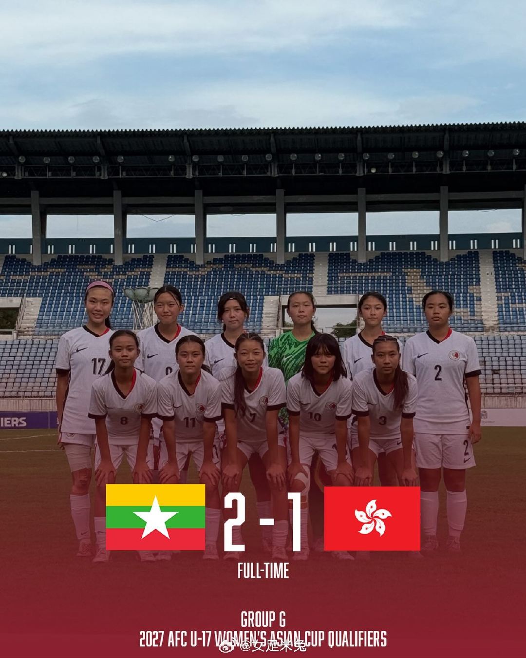#中国女足[超话]# 

全场结束，🇭🇰中国香港U16女足1⃣️-2⃣️惨遭缅甸U16女足🇲🇲逆转，最终位居小组第二无缘2027苏州亚足联U17女足亚洲杯

#u17女足亚洲杯# ​