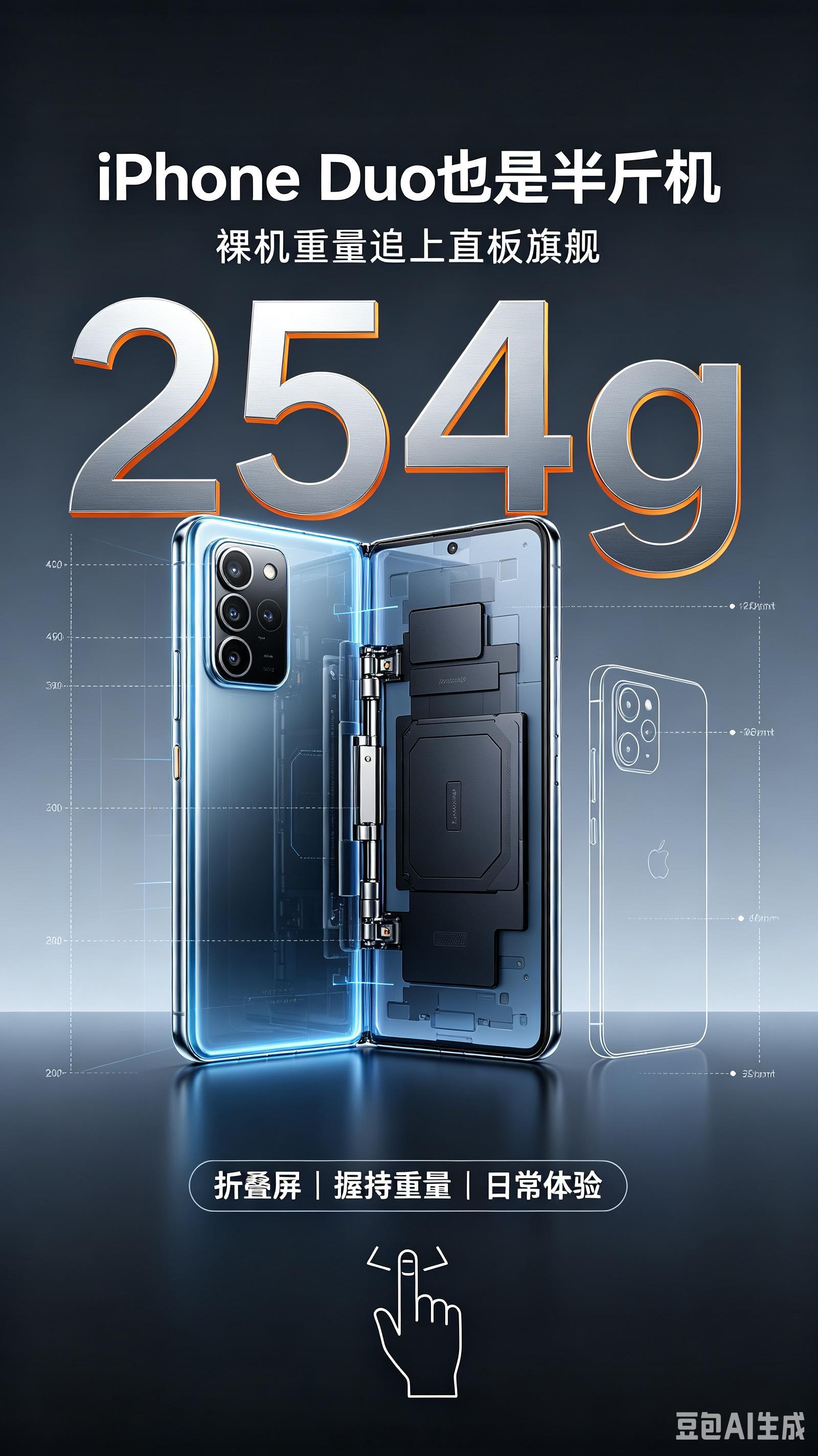 #iPhoneDuo也是半斤机#
苹果首款折叠iPhone Duo终于亮相，不少人上手之后直呼，这机子妥妥的半斤机。
 
裸机重量达到254克，比iPhone 18 Pro Max还要重上一点。为了折叠屏的铰链、双屏结构，堆料拉满，轻薄并没有实现。
 
平时拿在手里，单手握持时间久了，小拇指和手腕压力很大。要是再套上手机壳，重 ​