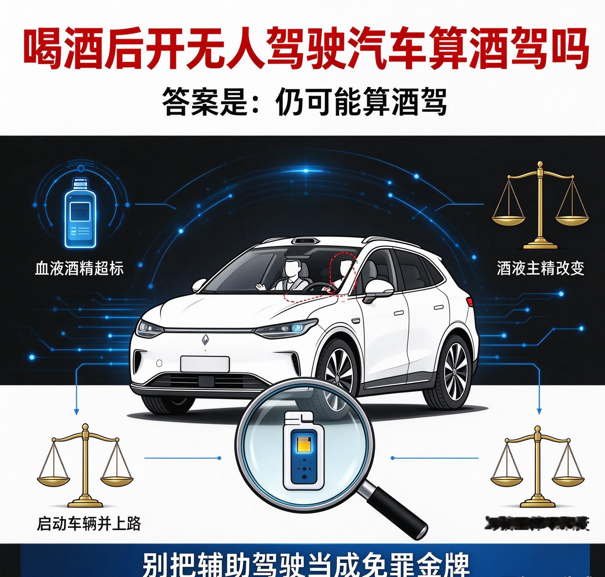 喝酒后开无人驾驶汽车算酒驾？很多车主搞错，已有多人被判刑

喝完酒不想找代驾，开启车辆智驾、自动驾驶模式，让车自己开，算不算酒驾？相信90%的车主都有这个误区，觉得车自己开、人不用管，就不算酒驾。真相绝非如此，已有大量判例打脸，千万别心存侥幸！

首先明确核心结论：目前家用车的自动驾驶，全部算辅助驾