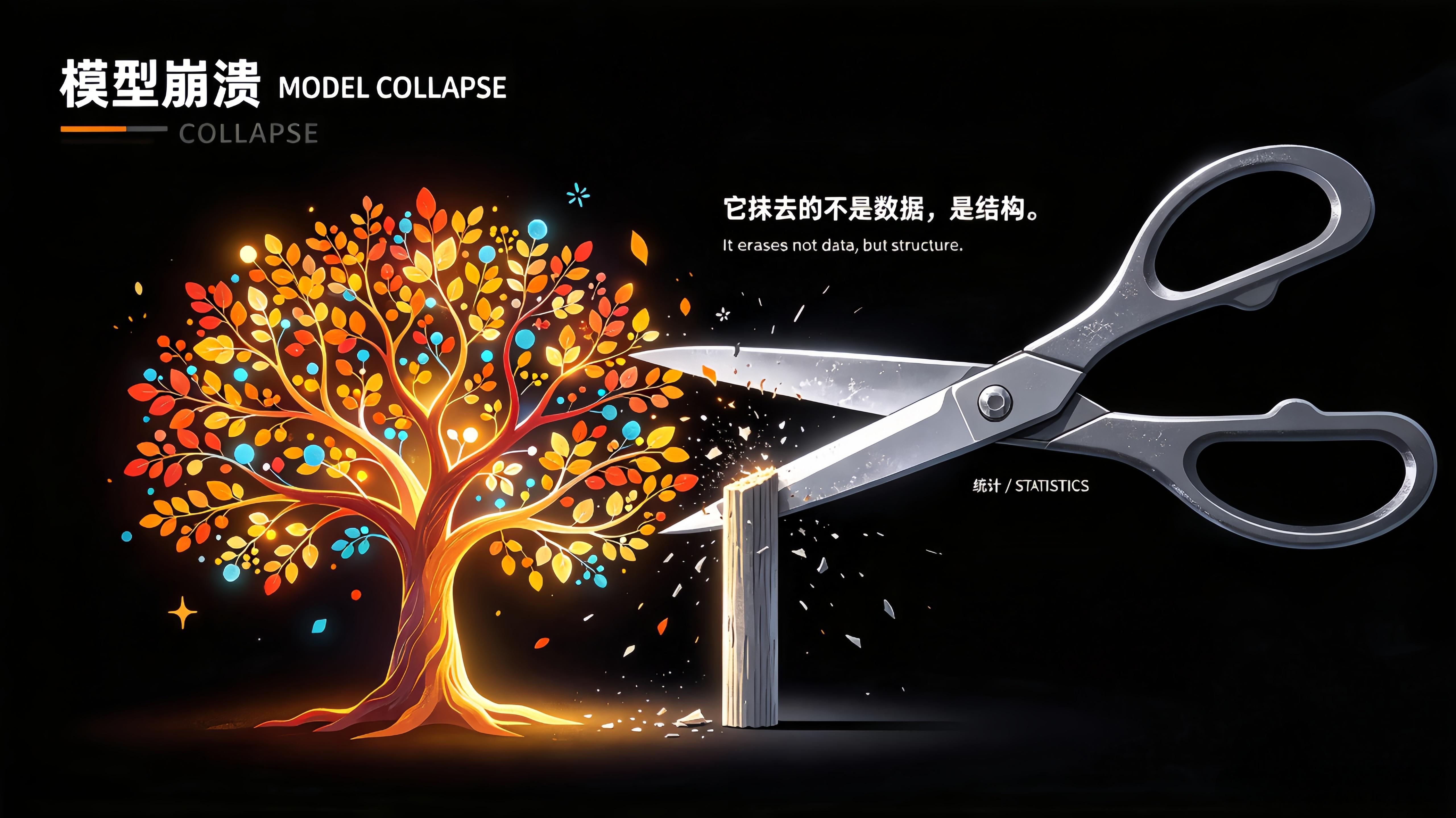AI如果一直拿自己生成的数据训练自己，会越学越傻？牛津、剑桥等学者在Nature发文证实：模型会“崩溃”——丢失原始数据中稀有的尾部信息，最终退化到与真实分布无关的状态，而且不可逆。该论文的解释是“数据被污染了”，结论是要珍惜人类数据。
而本文指出：病根不在数据，而在AI的认知基元。现在的A ​