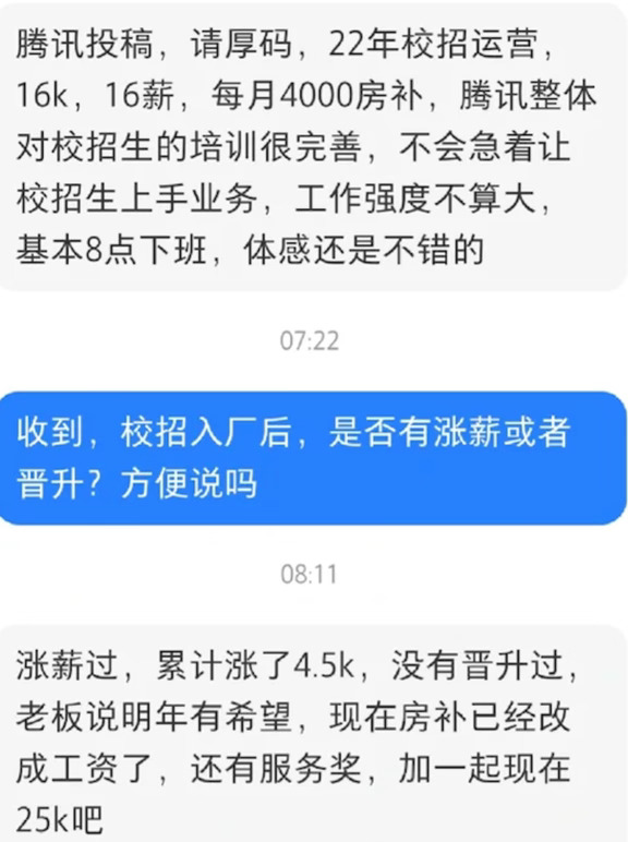 一网友爆料：22年校招入职腾讯运营岗，入职薪资16k，16薪，每月4000房补。
工作几年累计涨薪4.5k，一直没有晋升。现在房补并入工资，叠加服务奖，月综合约25k，年包大概40w，相比校招涨幅约50%。
他表示整体体感不错，腾讯校招培训完善，新人不用立刻赶产出，工作强度在大厂里比较友好，大多八点就能下班。
但舒服的代价就是晋升难、涨薪慢。不少腾讯基层员工都反复听过老板说“明年有希望”，却迟迟看不到结果。安稳有余，想要突破就比较难。