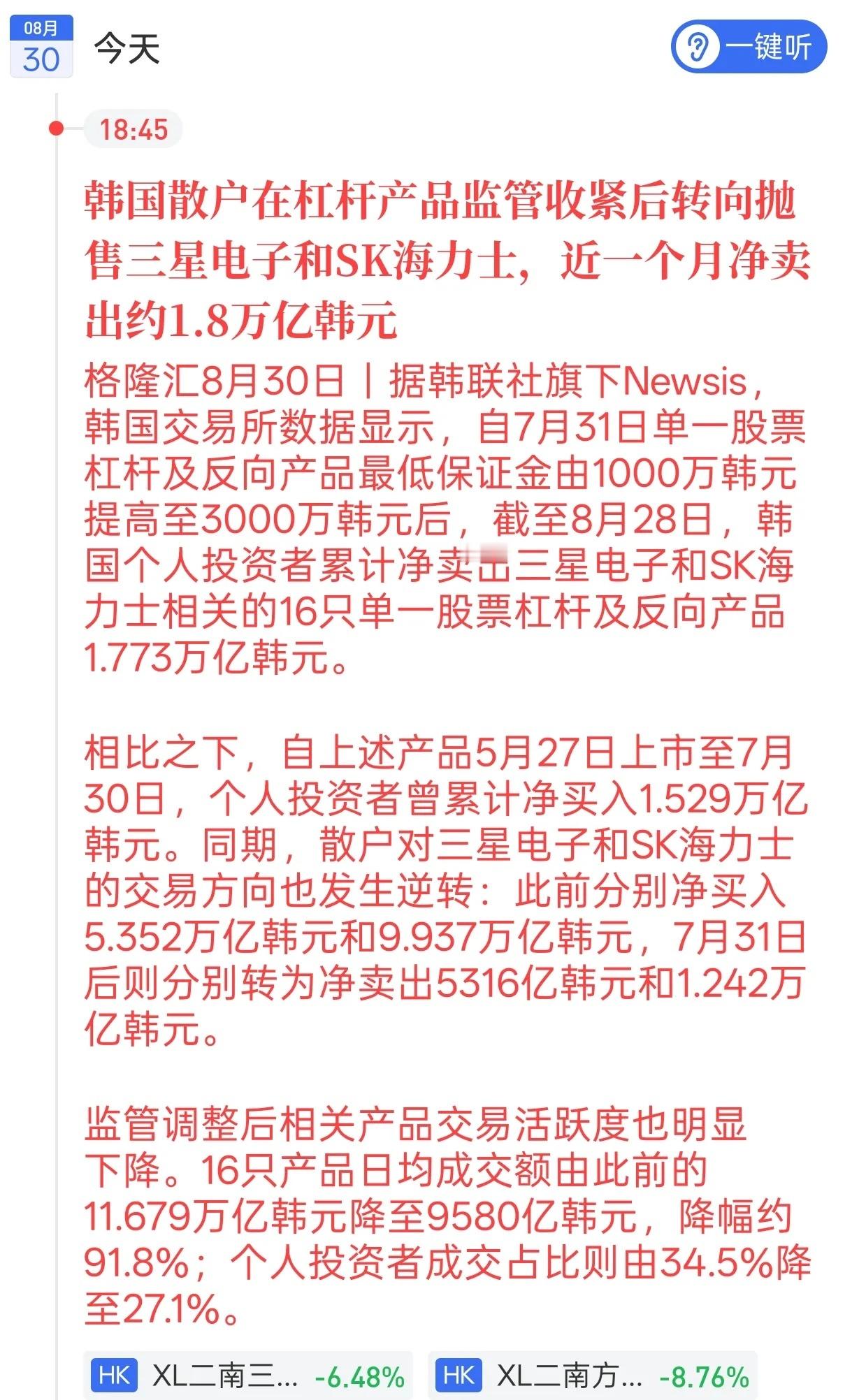 韩国散户大规模抛售三星和SK海力士，这不仅是韩国的新闻，更是给全球半导体板块敲响了警钟！这则消息向资本市场释放了三个关键信号：

监管收紧是“去杠杆”的发令枪
韩国交易所把杠杆保证金门槛从1000万提高到3000万韩元，直接掐断了散户借钱炒股的“胆量”。这说明监管层开始警惕热门赛道的过热风险 ​