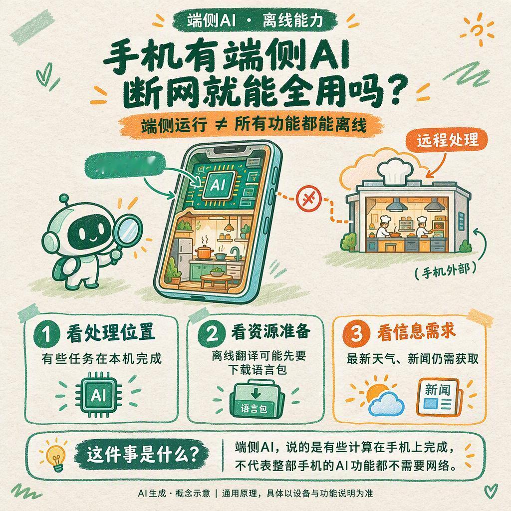 手机有“端侧AI”，断网就能全用吗？

手机有“端侧AI”，断网后所有AI功能就都能用？不一定。📱

把手机想成家里的一间小厨房：端侧AI表示有些菜能在家做；云端AI则像远程中央厨房，复杂任务可能要送过去处理。断网后，后者自然可能停摆。☁️

还有一关常被忽略：食材备齐了吗？比如离线翻译，即使 ​