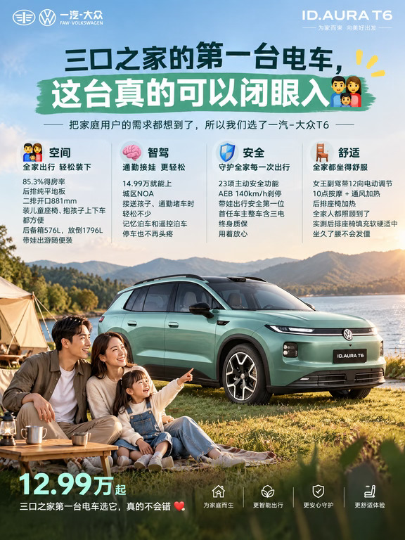 三口之家的第一台电车，这台真的可以闭眼入👨‍👩‍👧
我们家是标准的三口之家，这是第一台电车，选车的时候特别谨慎。
最后锁定了一汽-大众T6，原因是它把家庭用户的需求都想到了。
👨‍👩‍👧空间：85.3%得房率，后排纯平地板，二排开口881mm，装儿童座椅、抱孩子上下车都方便。后备箱576L，放倒1796L，带娃出游随便装。
🧠智驾：14.99万就能上城区NOA，接送孩子、通勤堵车时轻松不少。记忆泊车和遥控泊车，停车也不再头疼。
🛡️安全：23项主动安全功能+AEB 140km/h刹停，带娃出行安全第一位。首任车主整车含三电终身质保，用着放心。
🪑舒适：女王副驾带12向电动调节+10点按摩+通风加热，后排座椅加热，全家人都照顾到了。实测后排座椅填充软硬适中，坐久了腰不会发僵。
12.99万起的价格，三口之家第一台电车选它，真的不会错❤️
#全家人的智稳纯电SUV  #id.t6 #一汽大众t6