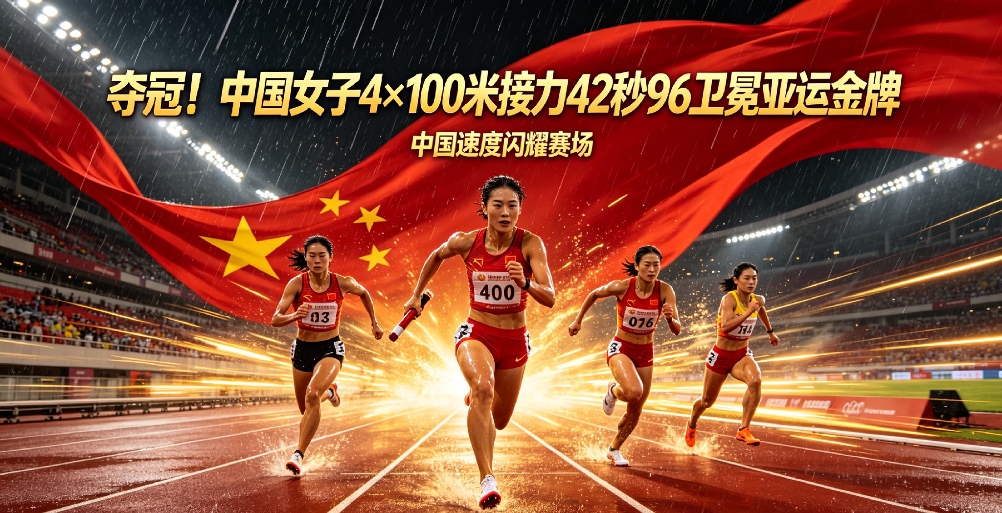 夺冠！中国女子4×100米接力42秒96卫冕亚运金牌
 
雨夜赛场，速度绽放✨！名古屋亚运会女子4×100米接力决赛，中国队梁小静、刘国怡、刘峡君、陈妤颉通力协作，跑出42秒96斩获金牌，实现卫冕，泰国、日本分获二三名。
 
伤病困扰之下，新老队员并肩作战，丝滑交接，全力冲刺，守住亚洲短跑王座。致敬
