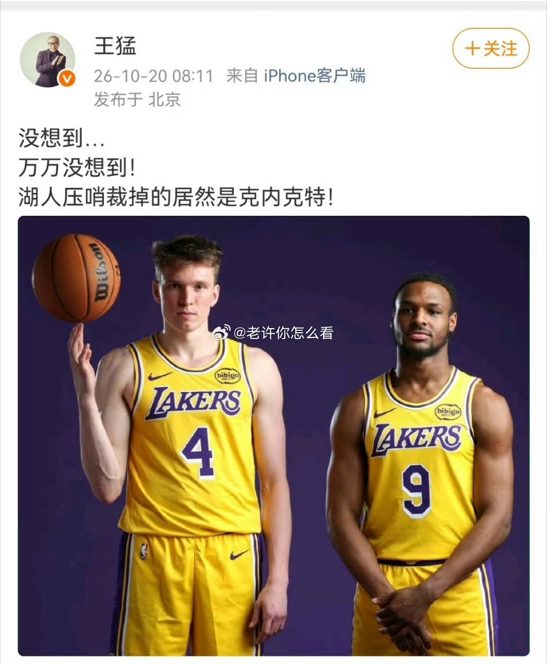 #王猛谈湖人裁掉克内克特#
曾经单场轰下37分、扔进9记三分的首轮17号秀，在新赛季开打前被湖人裁掉，这个结果看着出人意料，王猛点破背后，其实早有伏笔。

克内克特当初被湖人选中，就是当作即战力射手来培养，短暂高光之后，隐患慢慢暴露。投射稳定性持续下滑，甚至半空位机会都不敢出手，防守本就是 ​