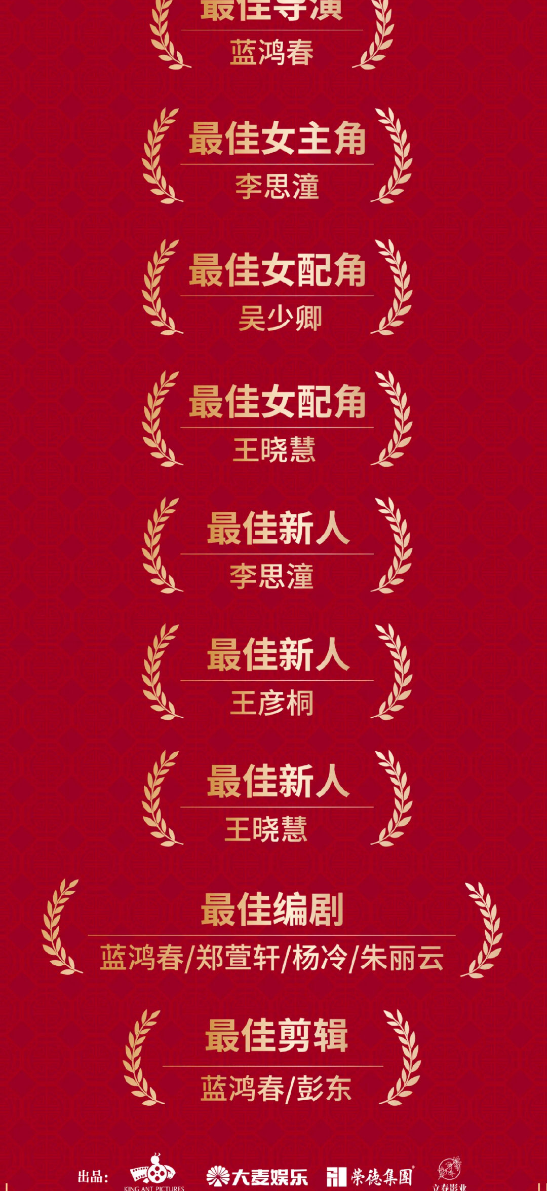 电影《给阿嬷的情书》荣获第二届金狮大赏最佳电影、最佳导演、最佳女主角、最佳女配角、最佳新人、最佳剧本、最佳剪辑7项提名。 ​