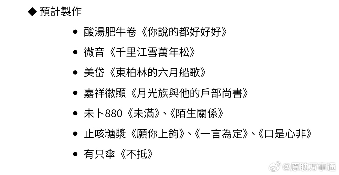 四方行 预计制作酸汤肥牛卷《你说的都好好好》微音《千里江雪万年松》美岱《东柏林的六月船歌》嘉祥徽显《月光族与他的户部尚书》未卜880《未满》、《陌生关系》止咳糖浆《愿你上钩》、《一言为定》、《口是心非》有只伞《不抵》 ​​​