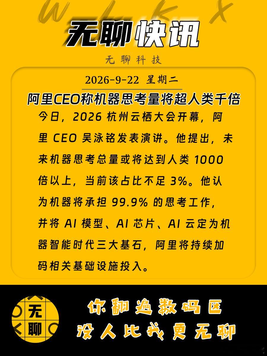 【#阿里CEO称机器思考量将超人类千倍# 】
今日，2026 杭州云栖大会开幕，阿里 CEO 吴泳铭发表演讲。他提出，未来机器思考总量或将达到人类 1000 倍以上，当前该占比不足 3%。他认为机器将承担 99.9% 的思考工作，并将 AI 模型、AI 芯片、AI 云定为机器智能时代三大基石，阿里将持续加码相关基础设施投 ​