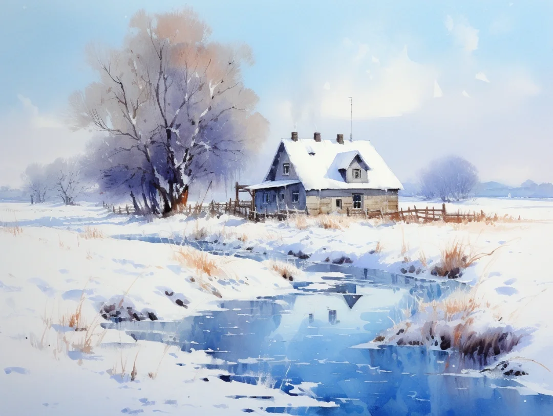 AI水彩：雪中小屋
