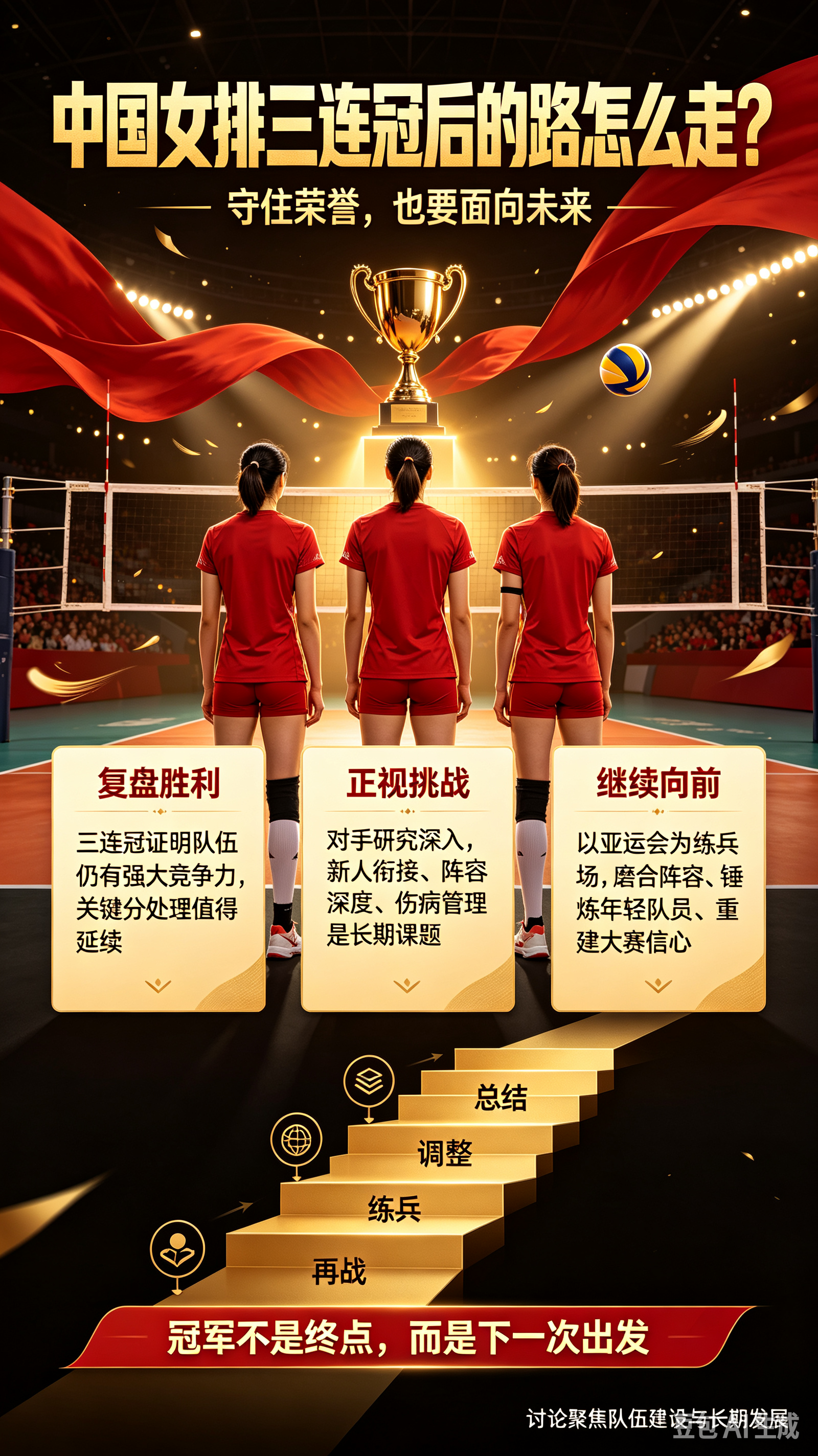中国女排三连冠后的路怎么走中国女排拿下三连冠，展现了强大的冠军气质。但冠军之后更要正视竞争：对手会持续研究，新人衔接、阵容深度和伤病管理也决定队伍能走多远。