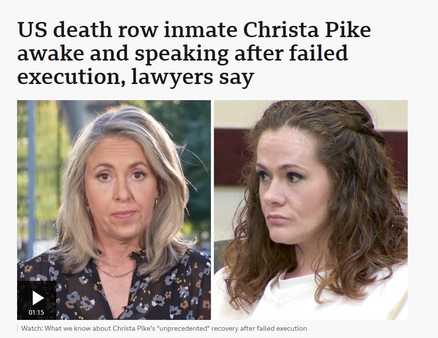 克莉丝塔·派克醒了…

执行注射死刑，结果注射了两剂戊巴比妥后心跳没停，甚至现场还听到了她的鼾声…随后被送院，并一度持续数天失去意识，需要插喉及依靠呼吸机维持生命。

现在尴尬了，州政府现行规范并未明确说明，如果囚犯在第二剂药物注射后仍然存活，接下来应如何处理…

当局尚未表明是否会再 ​
