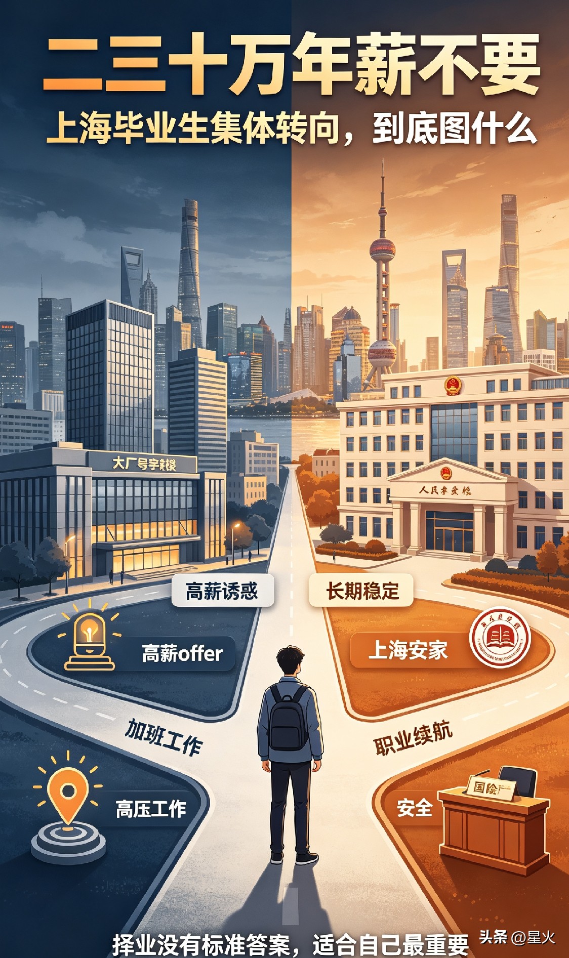 二三十万年薪不要，上海毕业生集体转向，到底图什么
 
不少人看到一个很反常的现象：
上海不少名校硕士，手握大厂二三十万的年薪offer，却主动放弃，转头去考公务员、事业单位、市属国企、公办教师。
 
外人看着觉得可惜：放着高薪不赚，去拿一份中等收入的稳定工作，是不是年轻人没有闯劲、躺平了？
其实并不
