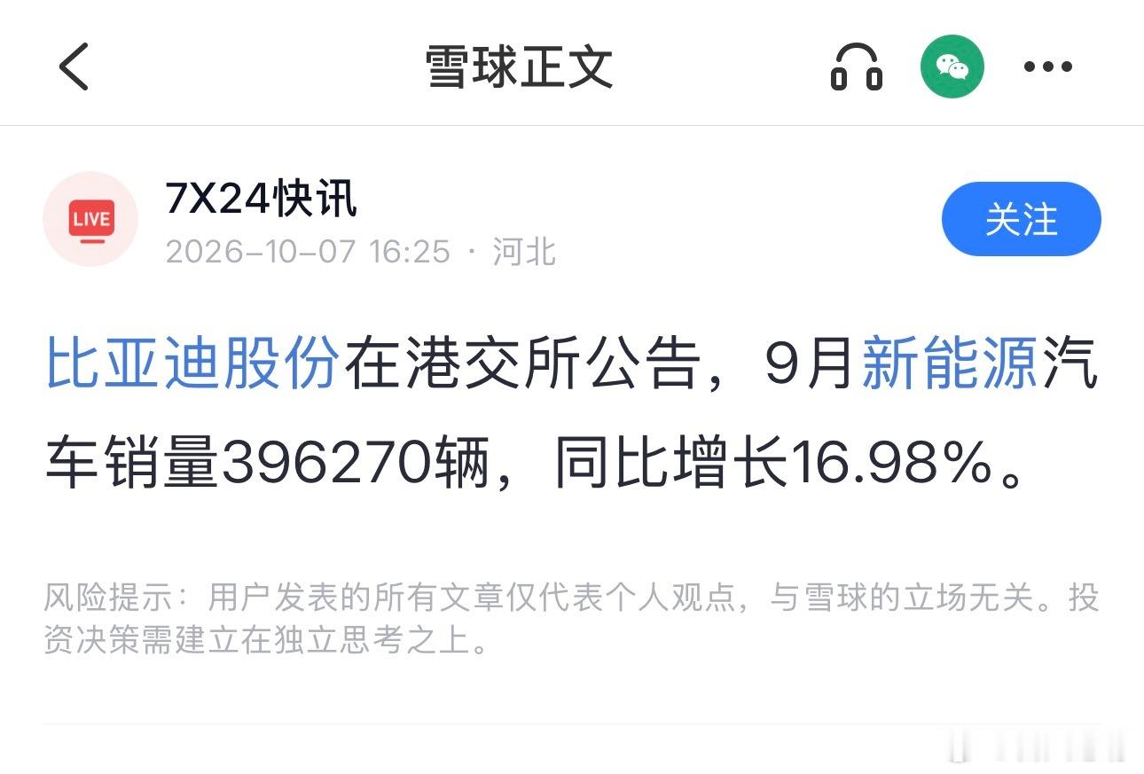 乌龙？雪球官方报比亚迪销量现重大失误！

古风从雪球获悉，雪球的官方账号“7X24快讯”今天下午出现重大失误，且失误帖目前仍未删除。

根据比亚迪官方发布的2026年9月产销快报，当月新能源汽车销量为 463,561辆，而雪球“7X24快讯”报道却为：

“比亚迪股份在港交所公告，9月新能源汽车销量396270辆 ​