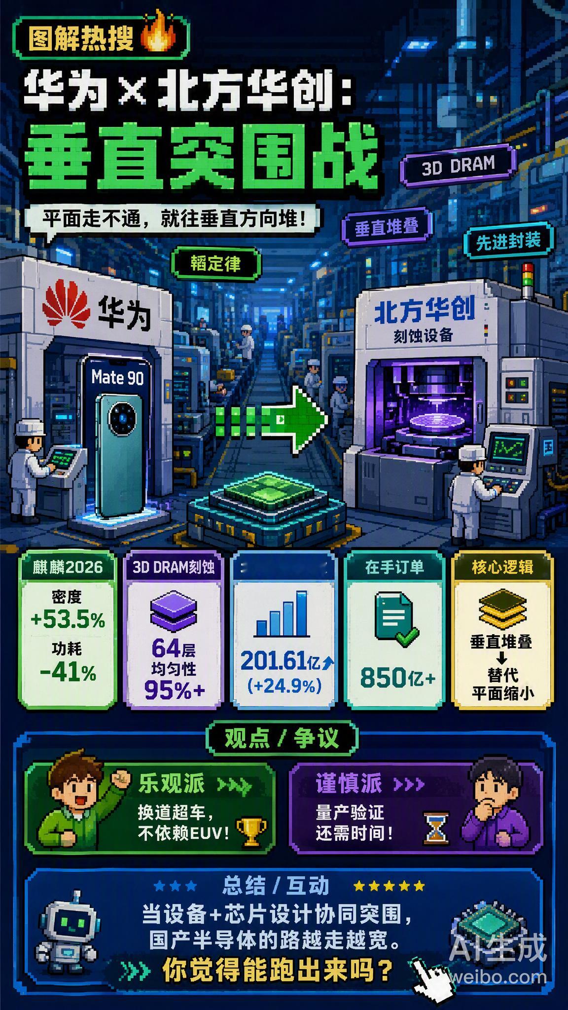 #华为##北方华创# 今天科技圈有两件大事值得关注，放在一起看更有意思。

📱 华为今天下午14:30正式开启秋季全场景发布会，Mate XT 2三折叠旗舰率先亮相，鸿蒙7系统同步登场。更重磅的是，9月23日还将发布Mate 90系列，首发搭载基于「韬定律」的麒麟2026芯片——用逻辑折叠技术实现3D堆叠，晶体管密 ​