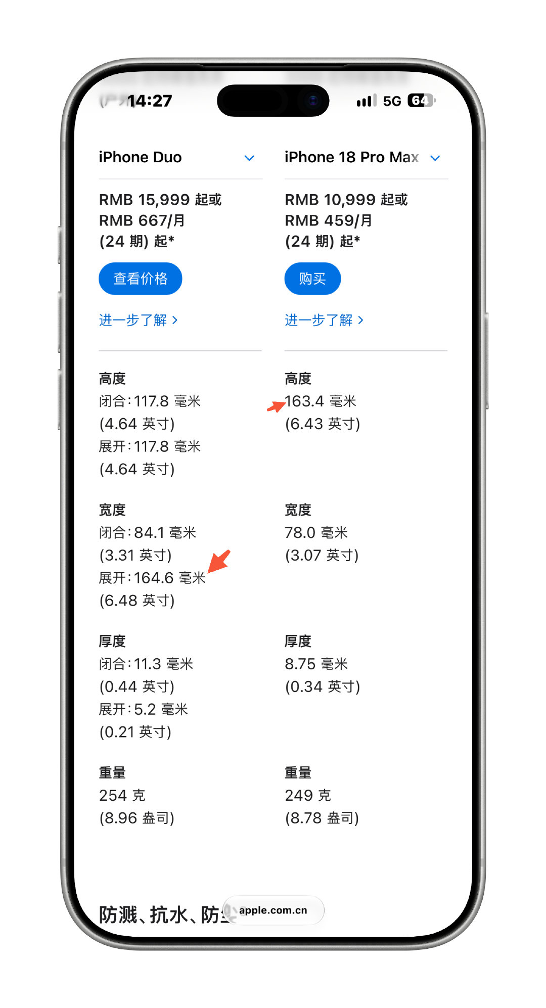iPhone Duo展开后竖放的情况下，高度和iPhone 18 Pro Max、17 Pro Max、16 Pro Max几乎一样，只是左右宽度宽了40MM，虽然面积差别不会很大，但是新形态新交互新体验，带来新鲜感，所以很多高预算用户已经持币坐等发售了。 ​