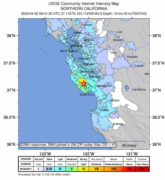 【北加州5.6级强震来袭全州最大地震三年再现】北加州门多西诺县（Men...