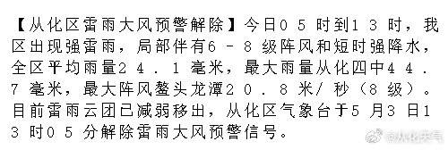 【从化区雷雨大风预警解除】今日05时到13时，我区出现强雷雨，局部伴有...